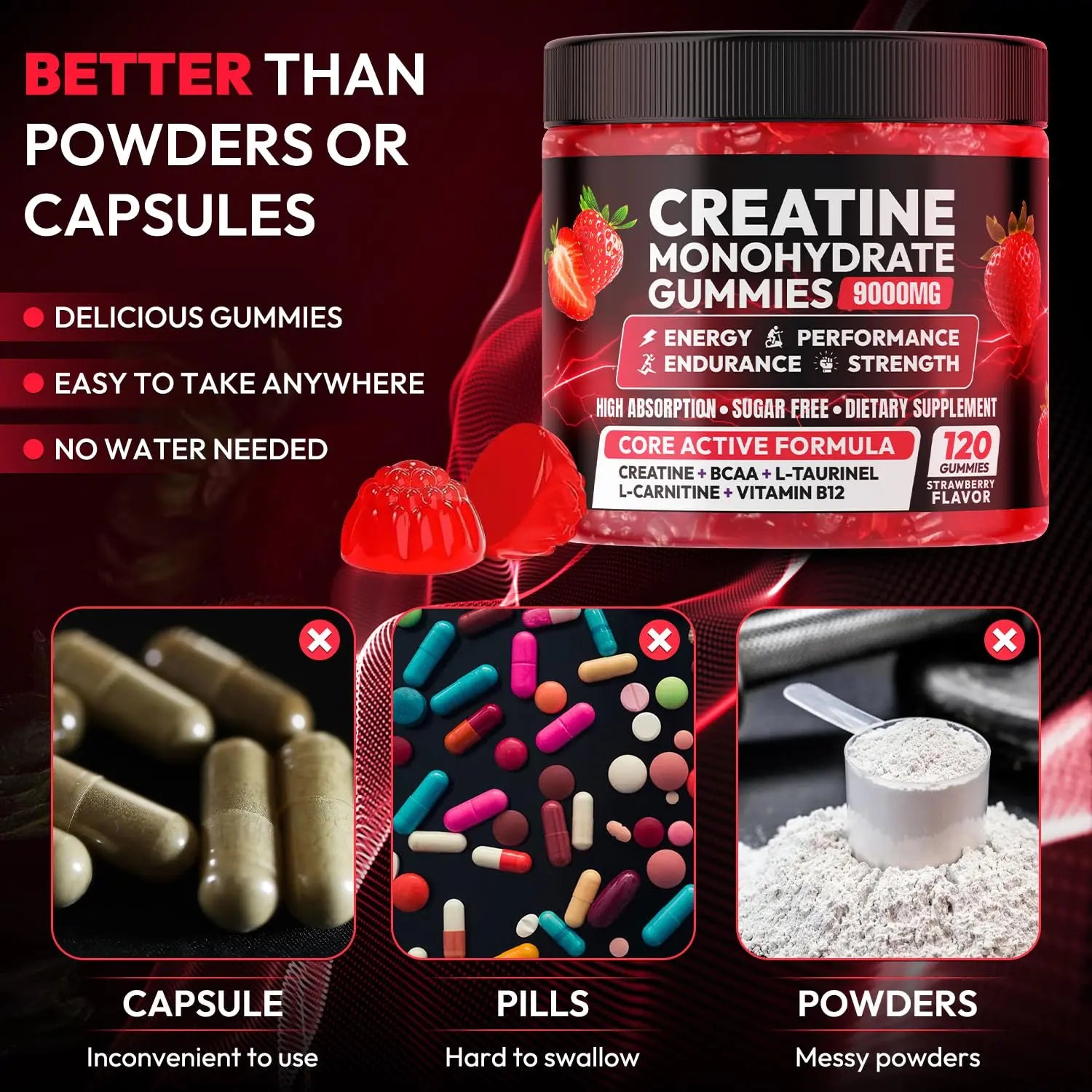 Creatine Gummies Monohydrate Complex 9000MG, Chewable Creatine Monohydrate Gummies for Men & Women with L-Taurine, BCAA 2:1, B12/6, Building Muscle Cytona uk supplements