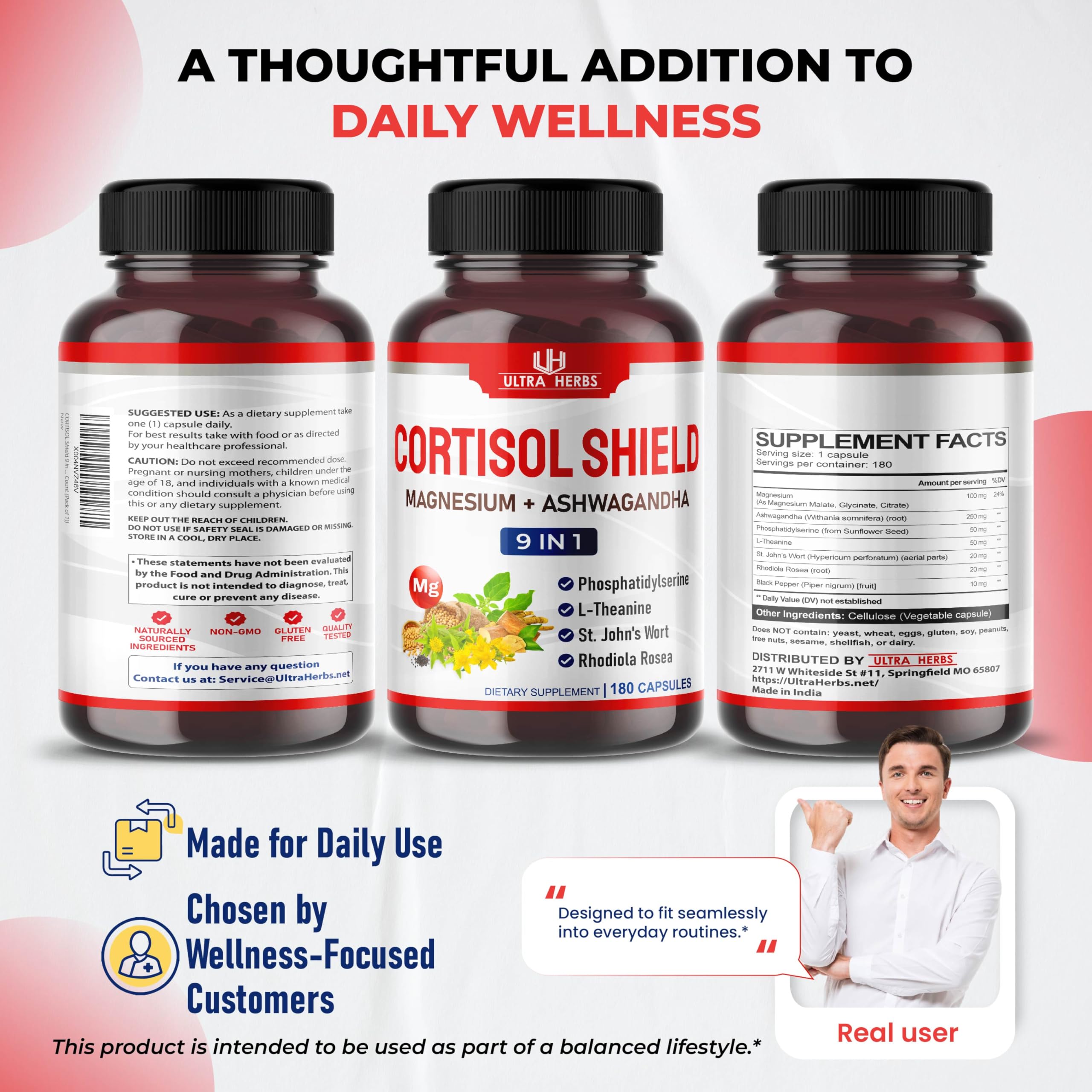 CORTISOL Shield 9-in-1 -Magnesium + Ashwagandha with Phosphatidylserine, L-Theanine, St. John's Wort, Rhodiola Rosea - Relaxation Support, Hormone Balance (180 Count (Pack of 1)) ULTRA HERBS uk supplements