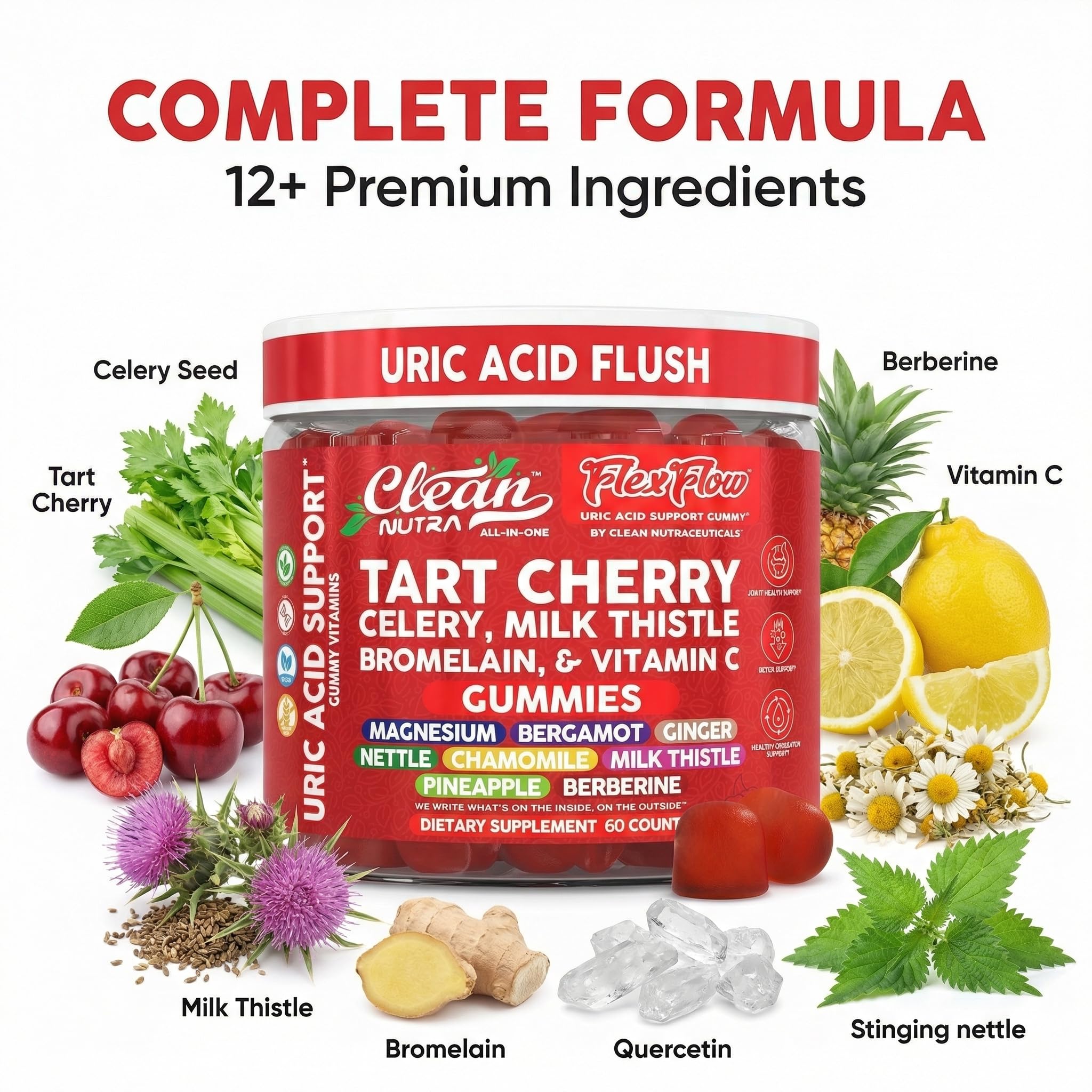 Clean Nutra Tart Cherry Gummies Uric Acid Flush Celery Milk Thistle Bromelain Vitamin C Magnesium Citrus Bergamot Ginger Stinging Nettle Leaf Chamomile Berberine Quercetin Support 60 Gummy Vitamins Clean Nutraceuticals uk supplements