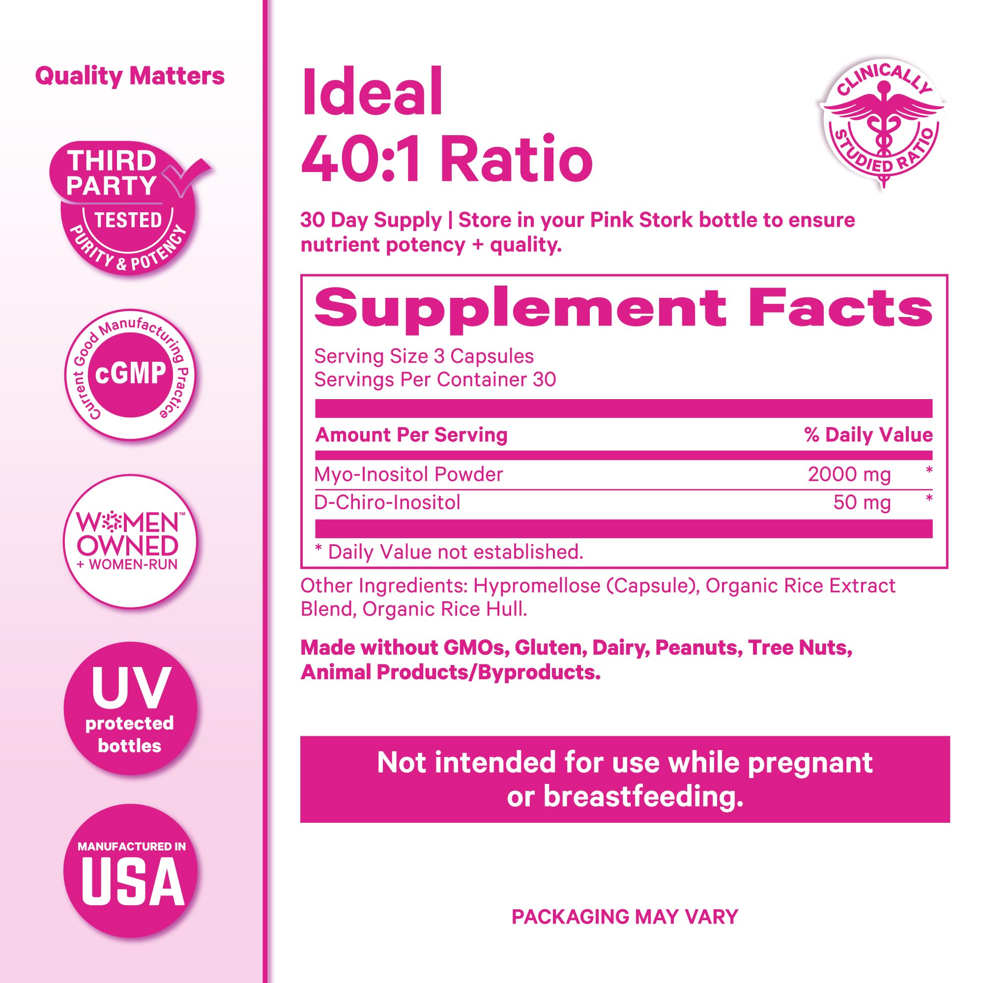 Pink Stork Myo-Inositol & D-Chiro Inositol Supplement - Hormonal Balance for Women - Ovarian Support - 40:1 Ratio - Fertility Supplements for Women - 180 Capsules, 2 Month Supply Pink Stork uk supplements