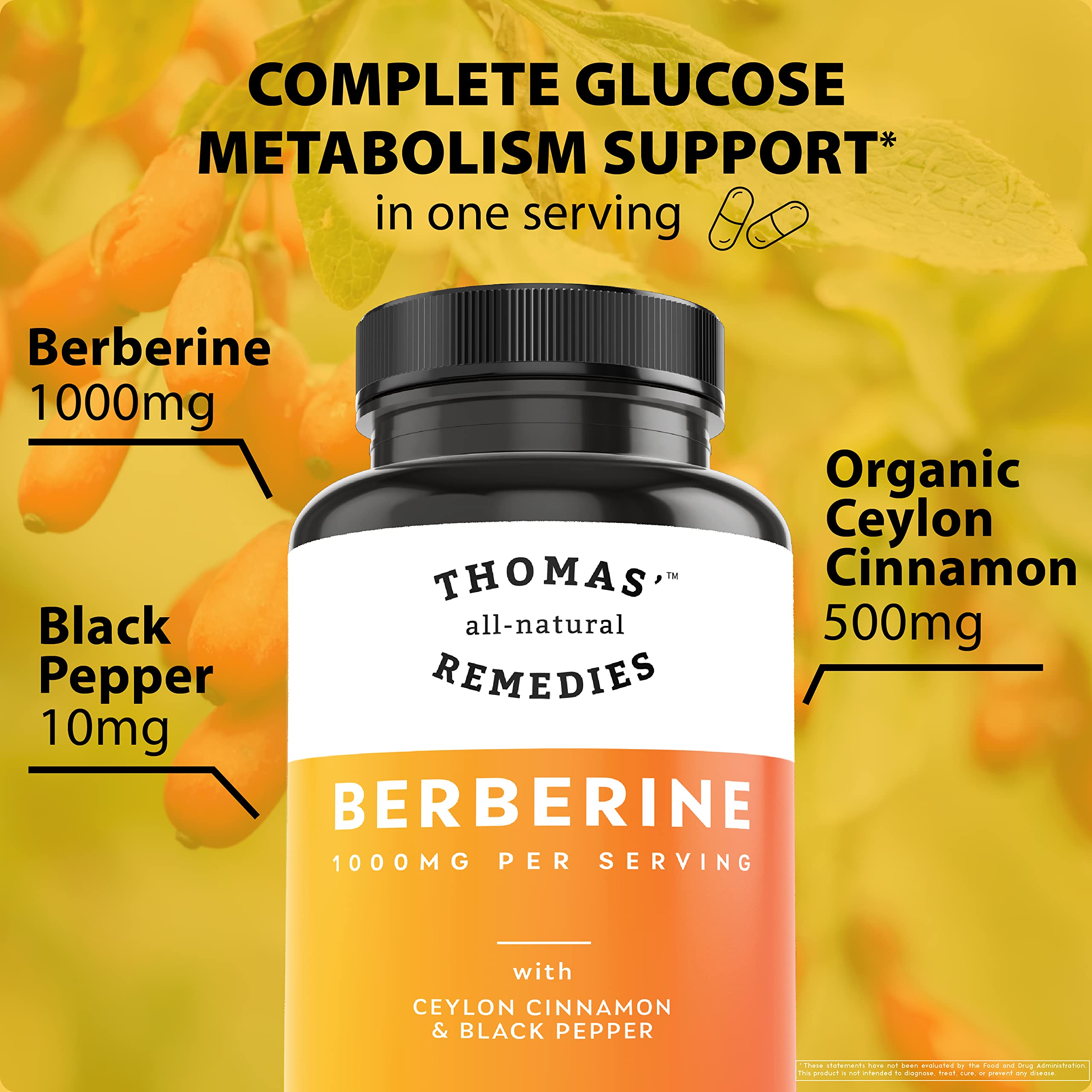 Thomas' all-natural Remedies Berberine 500mg (1000mg Per Serving)- 120 Vegan Capsules Thomas' all-natural Remedies uk supplements