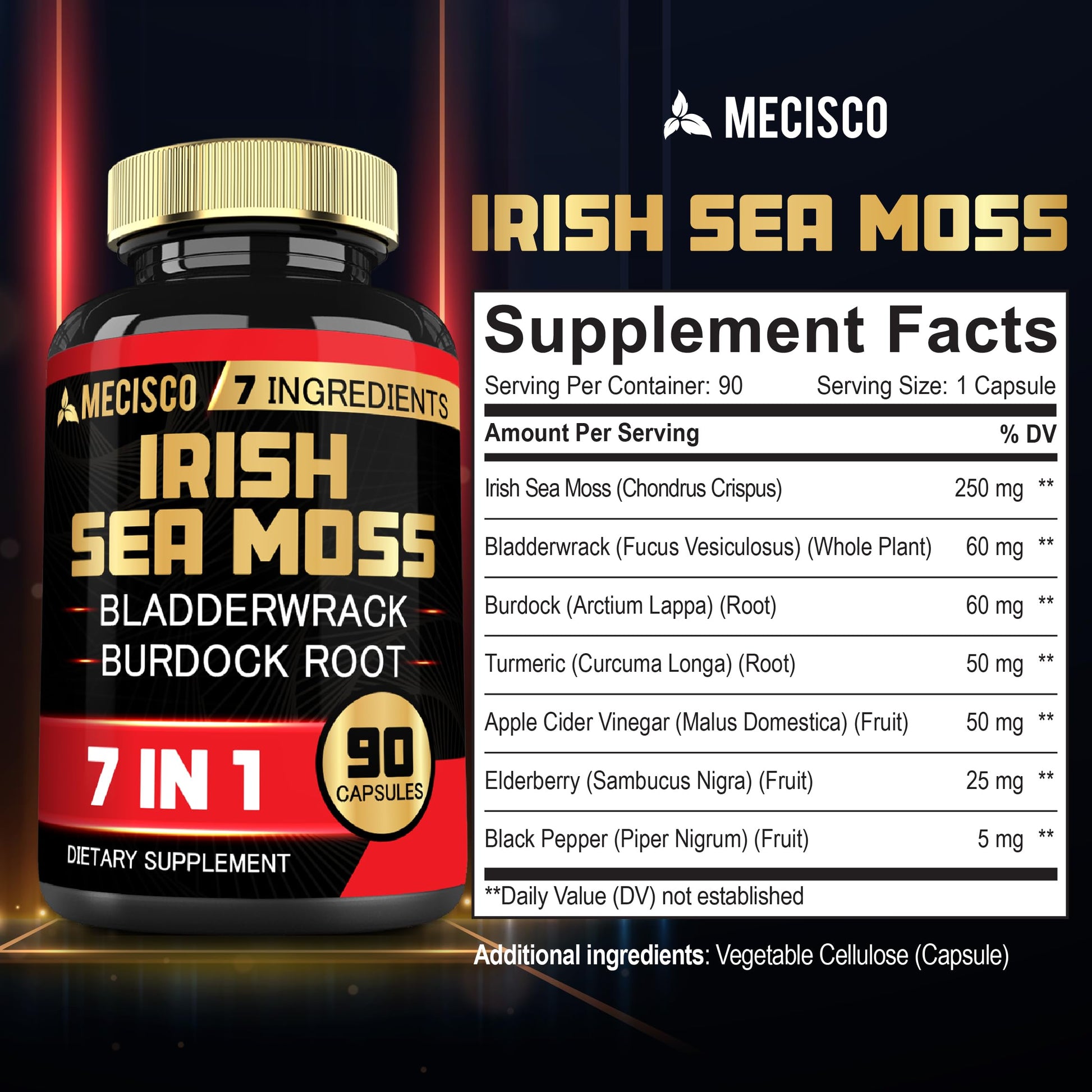 7in1 Irish Sea Moss Capsules 6750 Mg with Organic Bladderwrack & Burdock Root, Turmeric, Apple Cider Vinegar - Raw Seamos Pills for Hair, Skin, Thyroid Healths - 90 Caps for 3-Month Supply Mecisco uk supplements