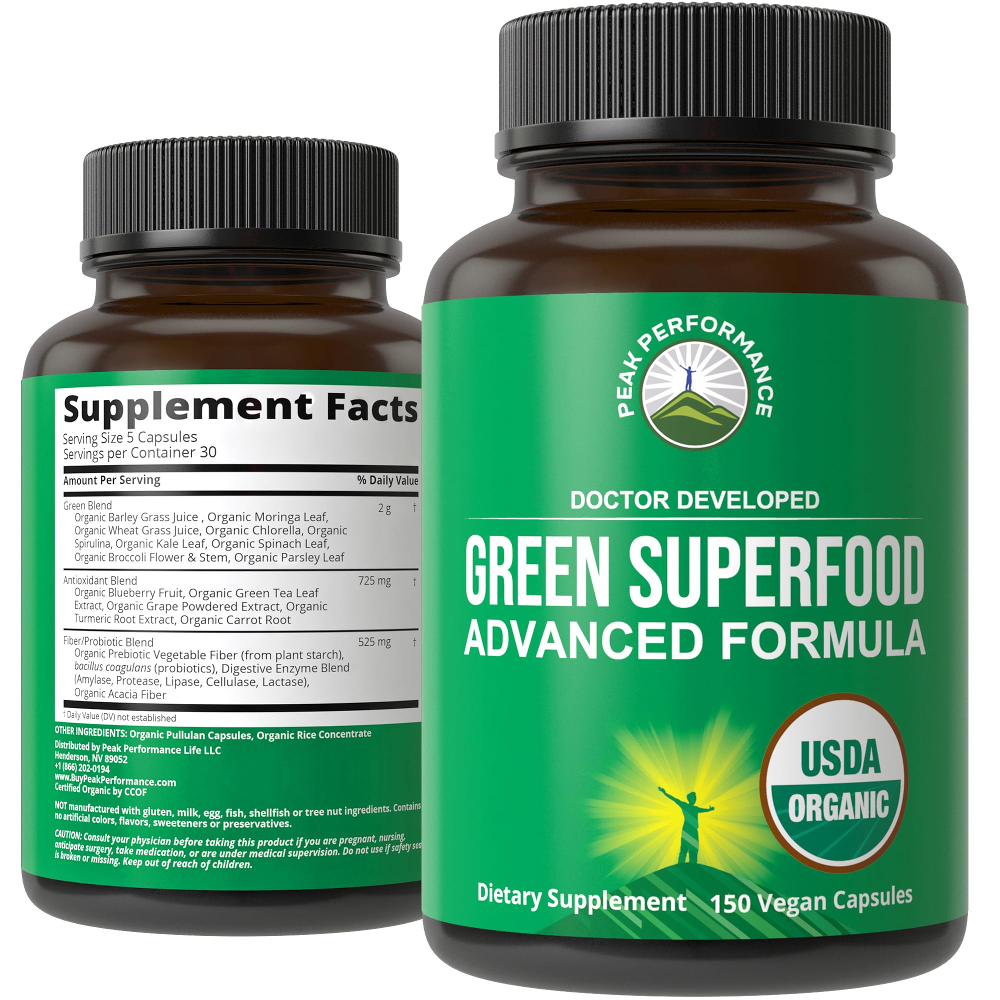 Organic Super Greens 150 Capsules - Green Juice Superfood Supplement with 25 All Natural Organic Ingredients. Max Energy and Detox Super Food Pills with Spirulina, Spinach, Kale, Turmeric, Probiotics Peak Performance uk supplements