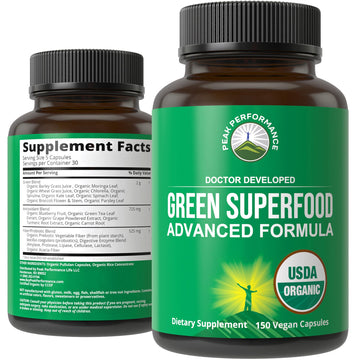 Organic Super Greens 150 Capsules - Green Juice Superfood Supplement with 25 All Natural Organic Ingredients. Max Energy and Detox Super Food Pills with Spirulina, Spinach, Kale, Turmeric, Probiotics Peak Performance uk supplements