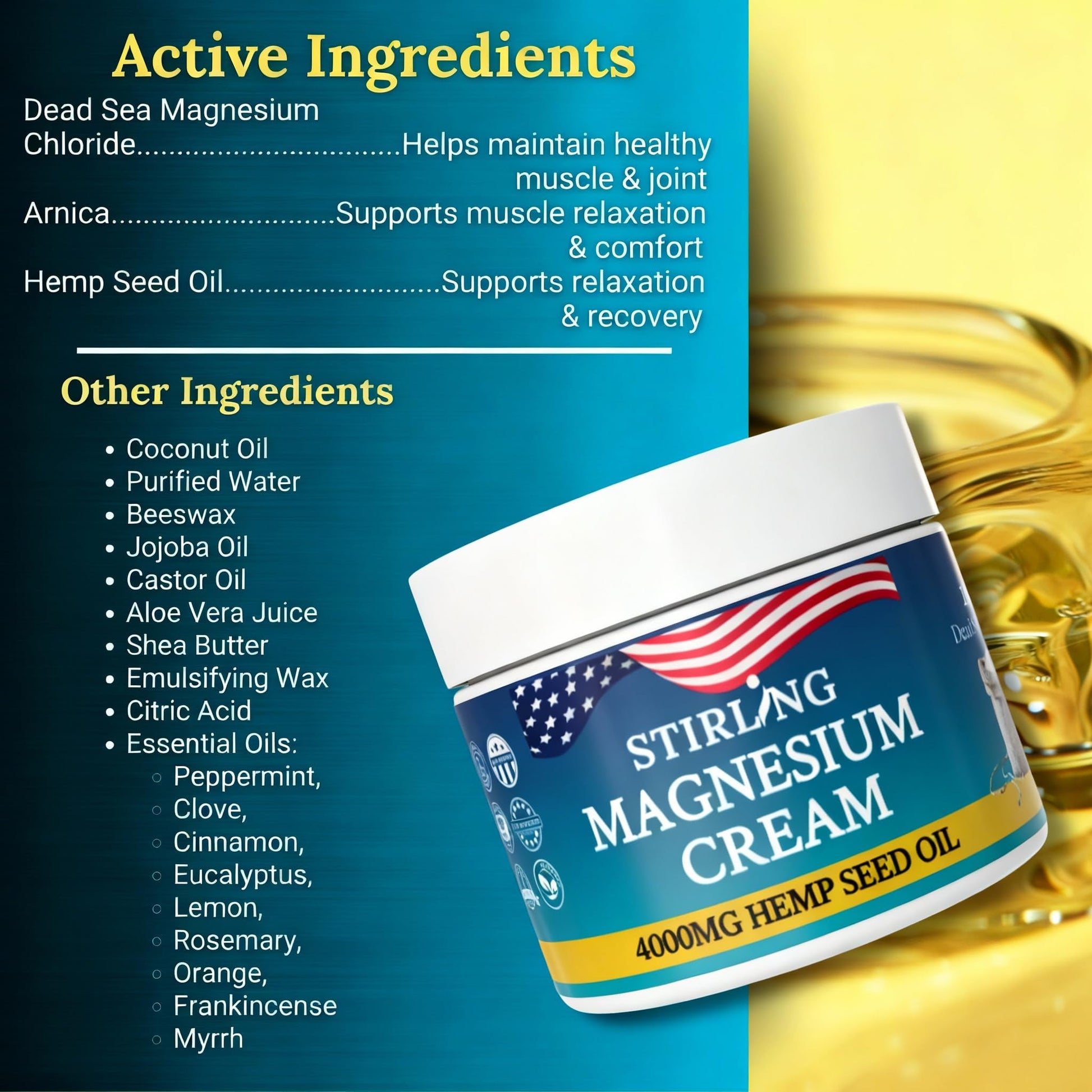 STIRLING Magnesium Cream - 4000mg Hemp Seed Oil + Magnesium & Arnica - Supports Joint Mobility, Muscle Comfort & Back Function - Made in USA with Premium Ingredients STIRLING uk supplements