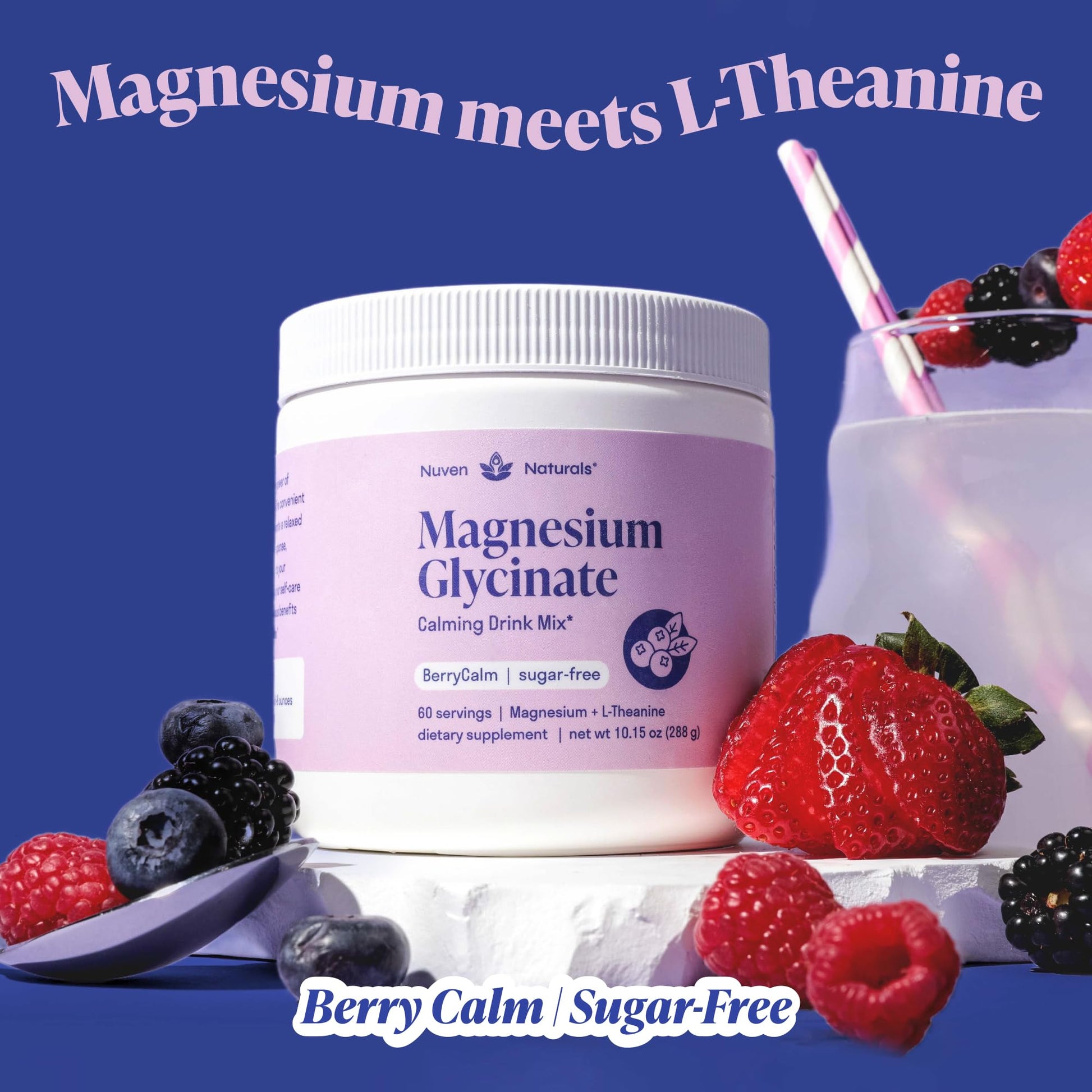 Magnesium Glycinate Powder + L-Theanine | 60 Servings | 300 mg per Scoop High Absorption Chelated Magnesium Powder for Sleep - Natural Mixed Berry Flavor, No Sugar, Support Restful Sleep & Relaxation Nuven Naturals uk supplements