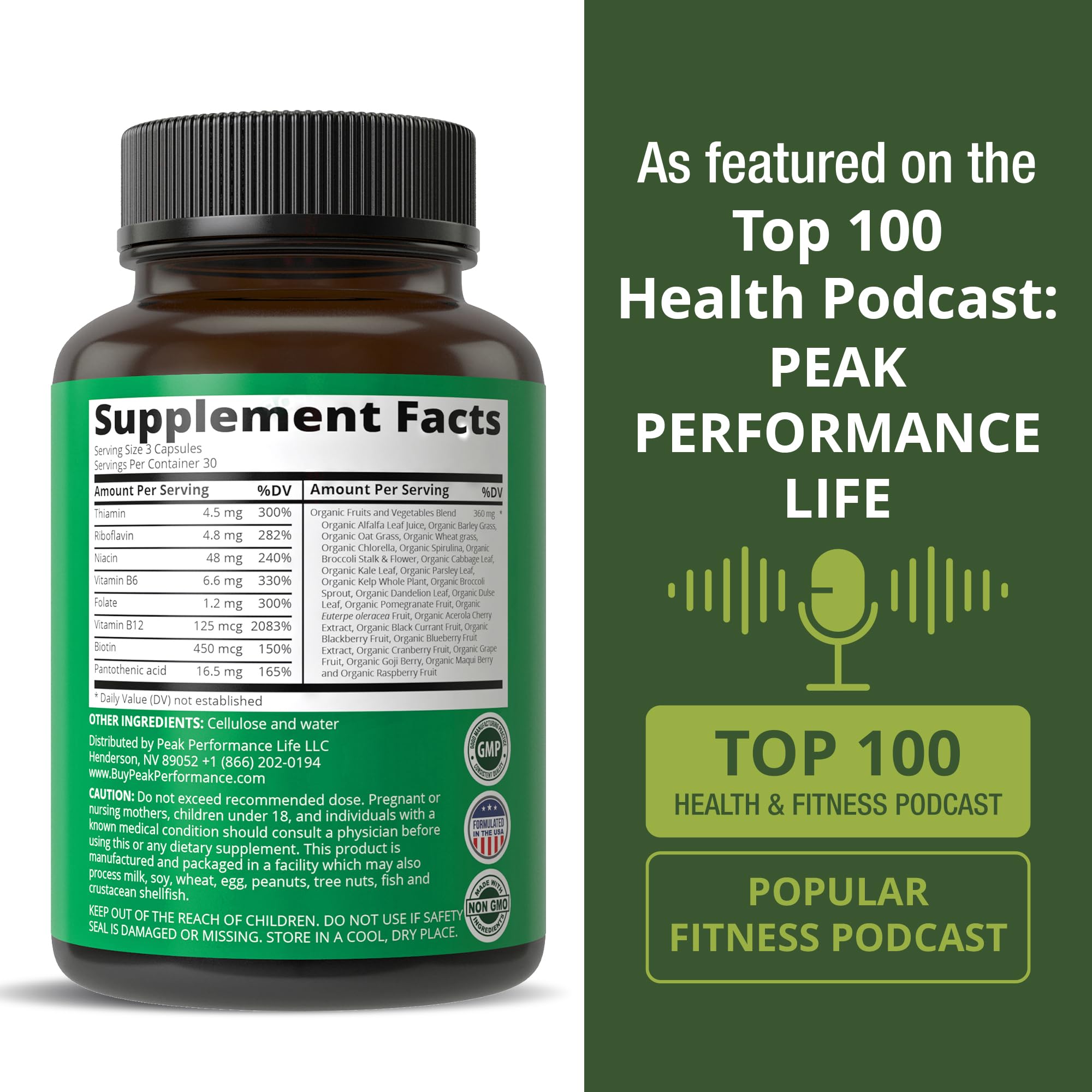 Vitamin B Complex Capsules + Whole Food Blend of 25 Vegetables and Fruits for Max Absorption. Best Vegan B-Complex Supplement with Vitamin B1, B2, B3, B5, B6, B7, B9 and B12. 90 Capsules. Energy Boost Peak Performance uk supplements