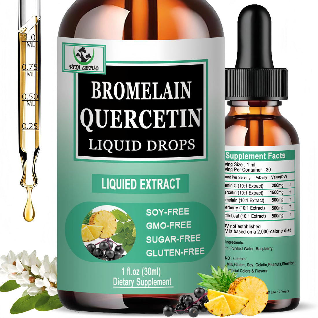 Quercetin Liquid Drops, Quercetin with Bromelain Elderberry Nettle Leaf Vitamin C Liquid Supplements, High Absorption Quercetin Liquid Drops for Women Men, Healthy Immune Antioxidant Support, Non-GMO Vita letuo uk supplements