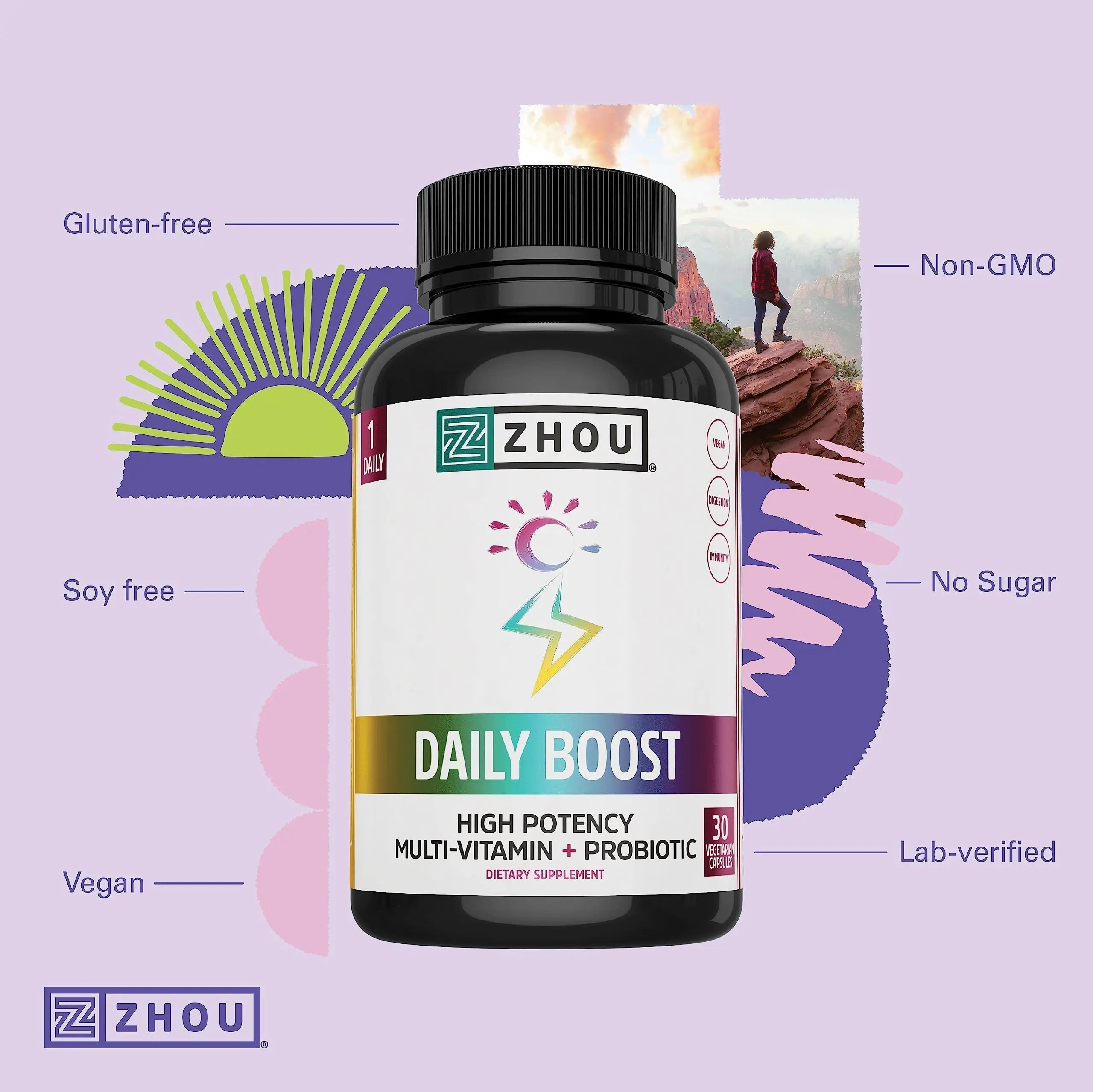 Zhou Daily Boost - Probiotic Multivitamin for Women & Men, Immune Support, Antioxidant & Eye Health Supplement with Vitamin A, Vitamin C ZHOU uk supplements