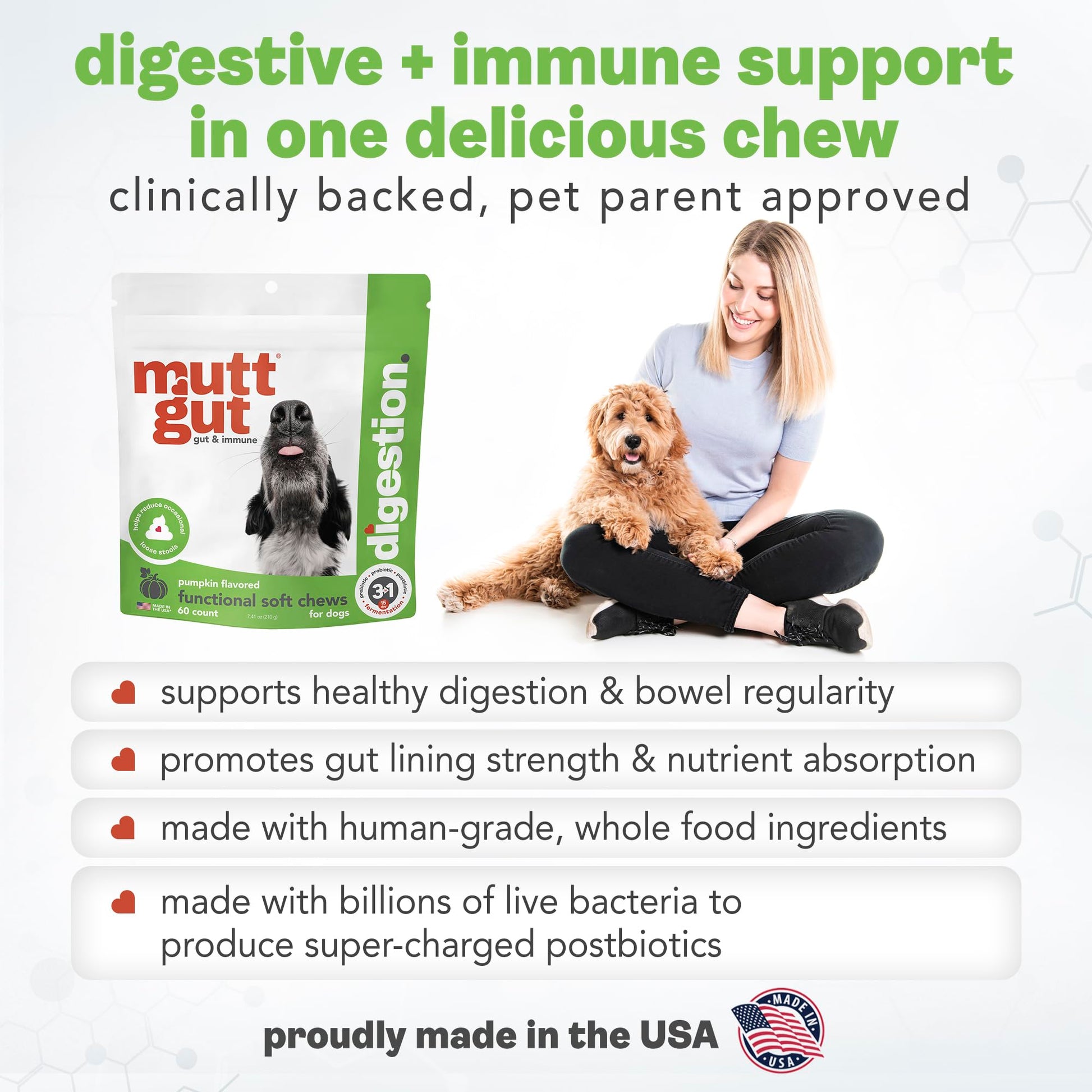 MuttGut® 3-in-1 Puppy & Dog Probiotics + Prebiotics + Postbiotics Chews - Promotes Digestive Health, Supports Immune System and Overall Health - Dog Diarrhea Relief & Immune Support - 60 Soft Chews MUTTGUT uk supplements