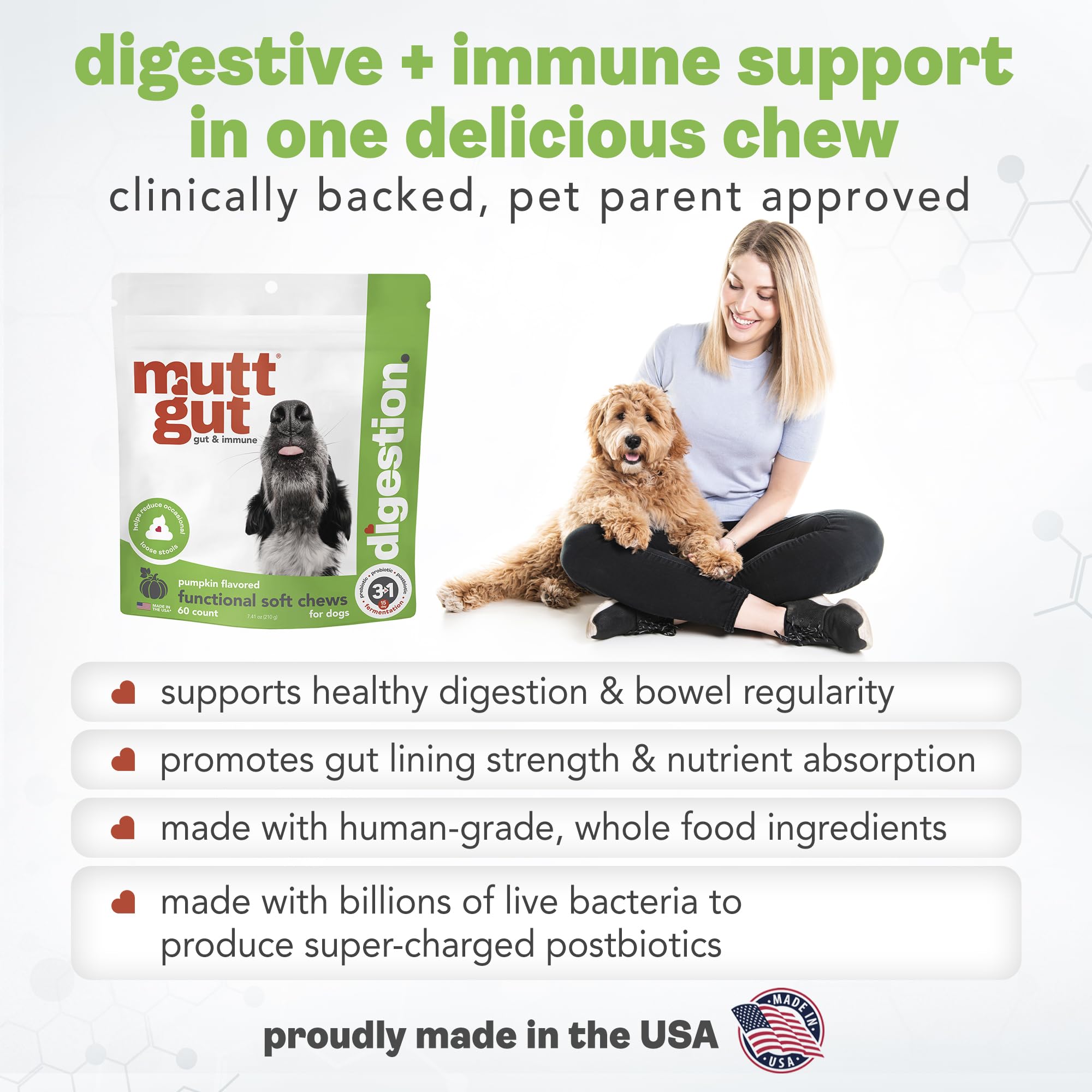 MuttGut® 3-in-1 Puppy & Dog Probiotics + Prebiotics + Postbiotics Chews - Promotes Digestive Health, Supports Immune System and Overall Health - Dog Diarrhea Relief & Immune Support - 60 Soft Chews MUTTGUT uk supplements
