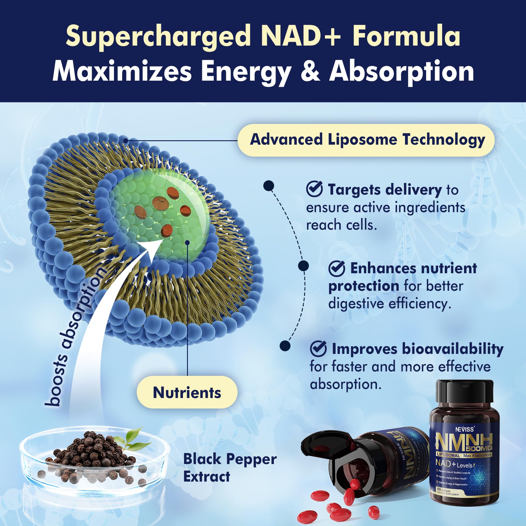 2Pack NAD+ Supplement, Next-Gen NMNH Liposomal 500mg, NR NMN Supplement Alternative, High Absorption NAD+ with Curcumin, Niacinamide for Cellular Energy, DNA Repair, Healthy Aging, 120 Softgels NEVISS uk supplements