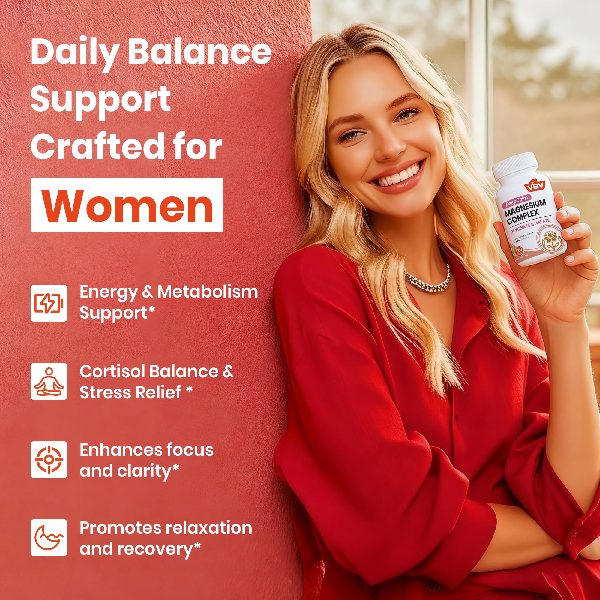 VEV Deep Calm Magnesium Complex for Women – Glycinate, Malate, B6, L-Theanine & Holy Basil – Support for Daily Magnesium & Stress Relief – 120 Vegan Capsules VEV uk supplements