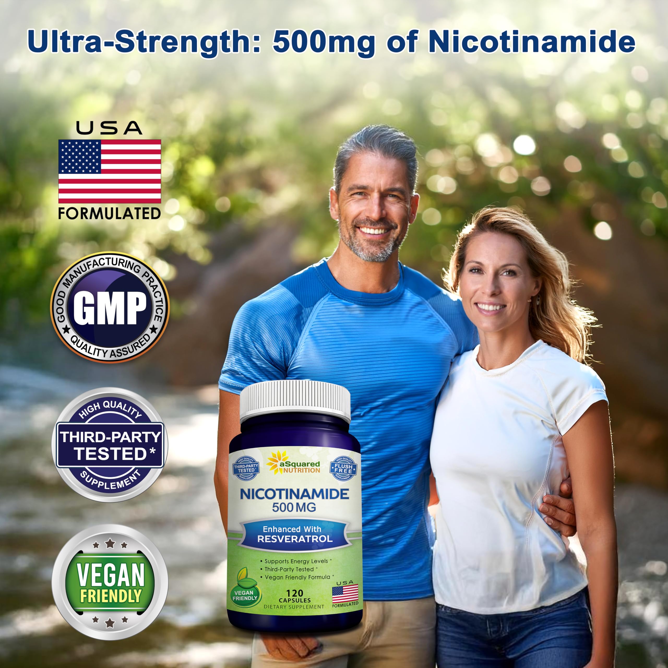 aSquared Nutrition Nicotinamide with Resveratrol - 120 Veggie Capsules - Vitamin B3 500mg (Niacinamide Flush Free) - Supplement Pills to Support NAD, Skin Cell Health & Energy aSquared Nutrition uk supplements