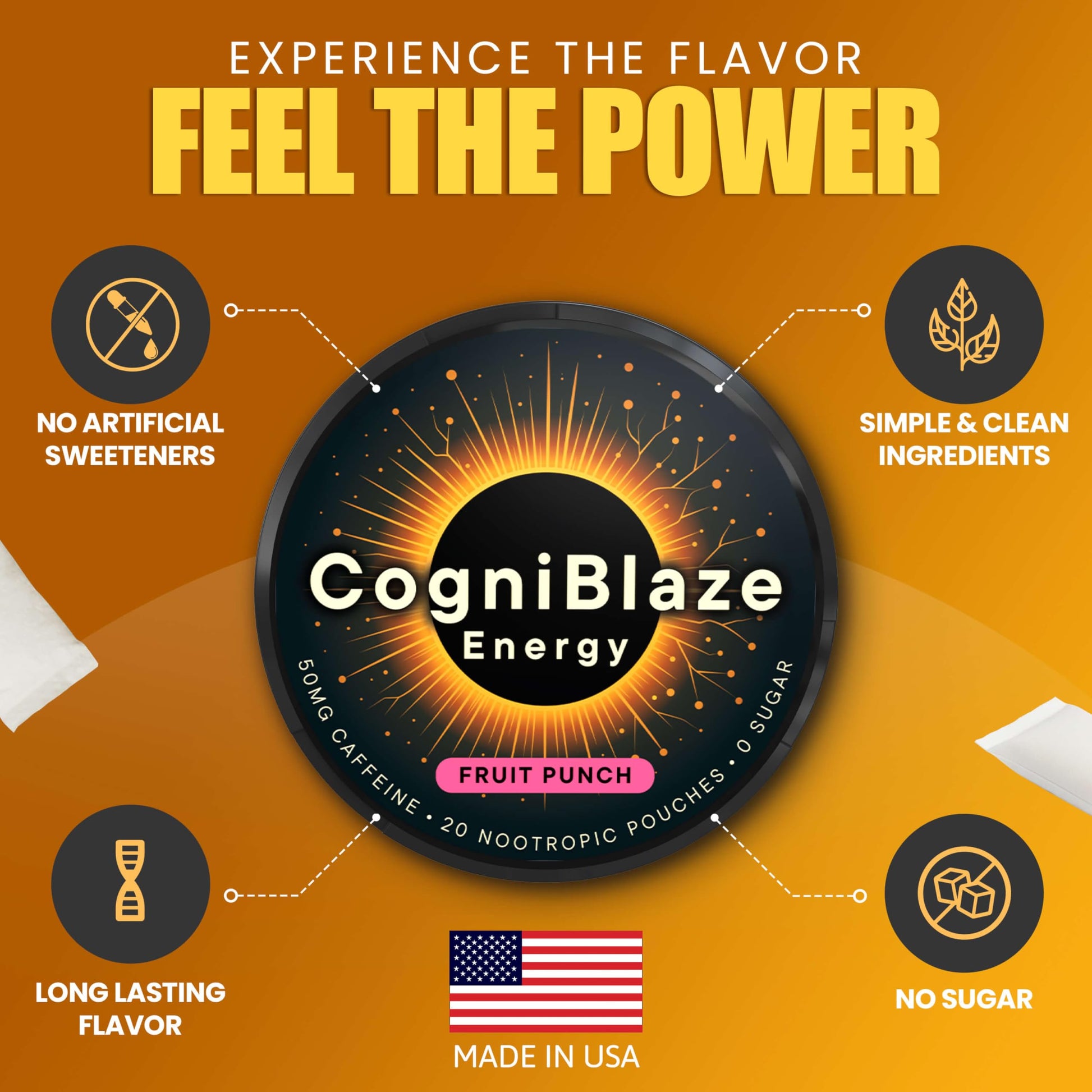 CogniBlaze Caffeine Pouches (Fruit Punch) | Nootropic Energy Pouches with 50mg Caffeine, Alpha GPC, L-Tyrosine & L-Theanine | Zero Sugar | No Artificial Sweeteners | 4 Pack (80 Total) CogniBlaze uk supplements