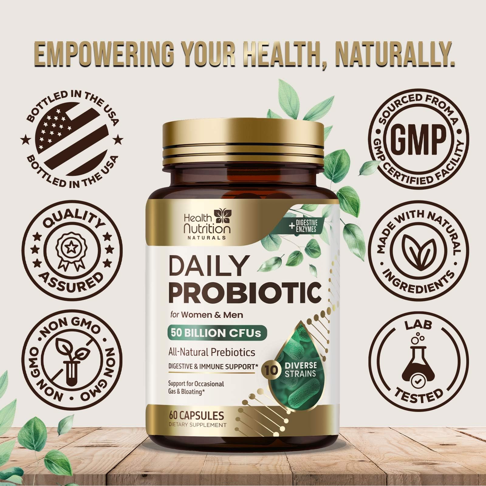 Probiotics 50 Billion CFU per Serving - 10 Strains + Prebiotics - Digestive Health, Gut & Immune Support - Occasional Constipation, Gas & Bloating Support for Women & Men, Bottled USA - 60 Capsules Health Nutrition Naturals uk supplements