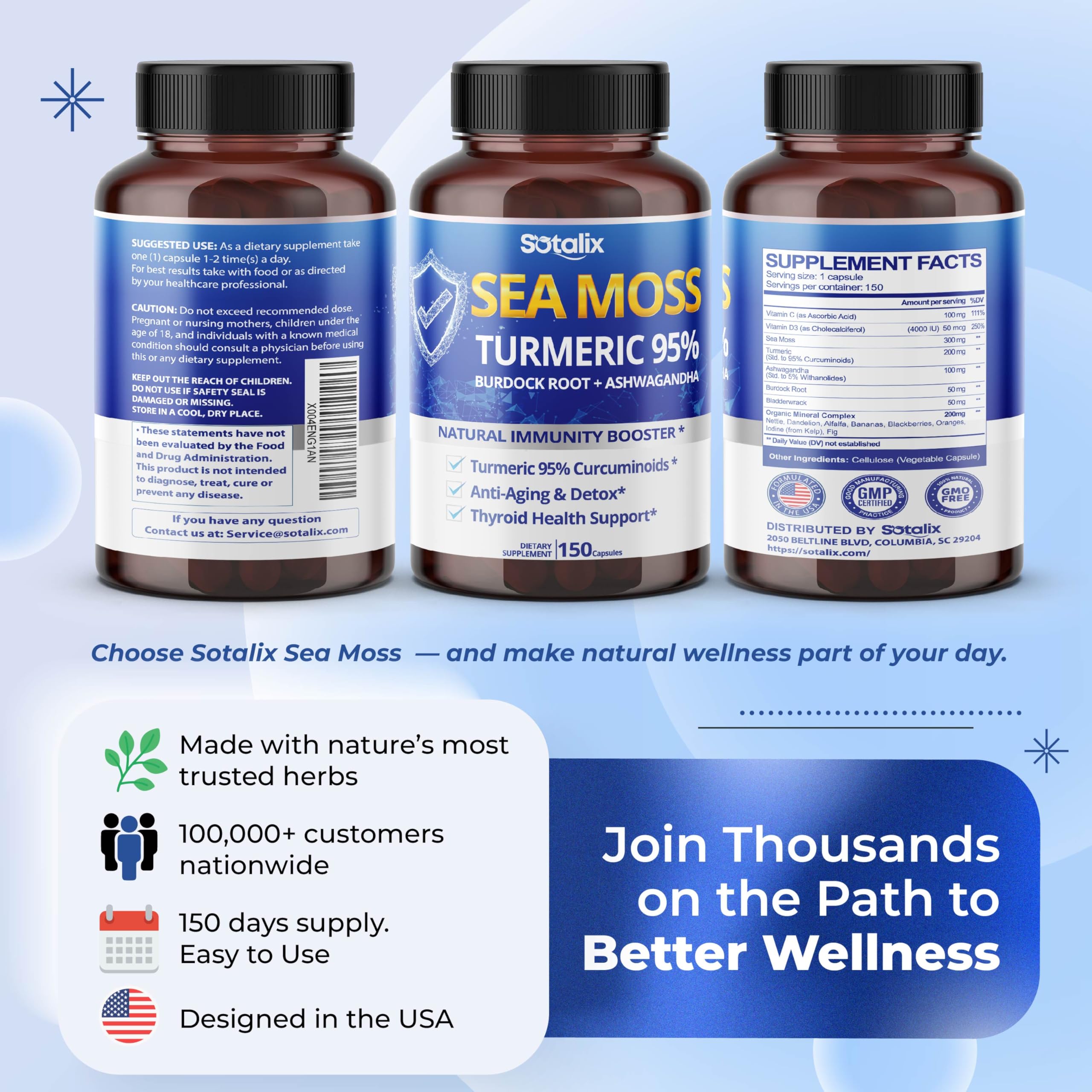 Sotalix Sea Moss Capsule with Ashwagandha, Burdock Root, Bladderwrack, Turmeric - Powerful Natural Immunity Booster (150 Count (Pack of 1)) SOTALIX SUPPLEMENT uk supplements