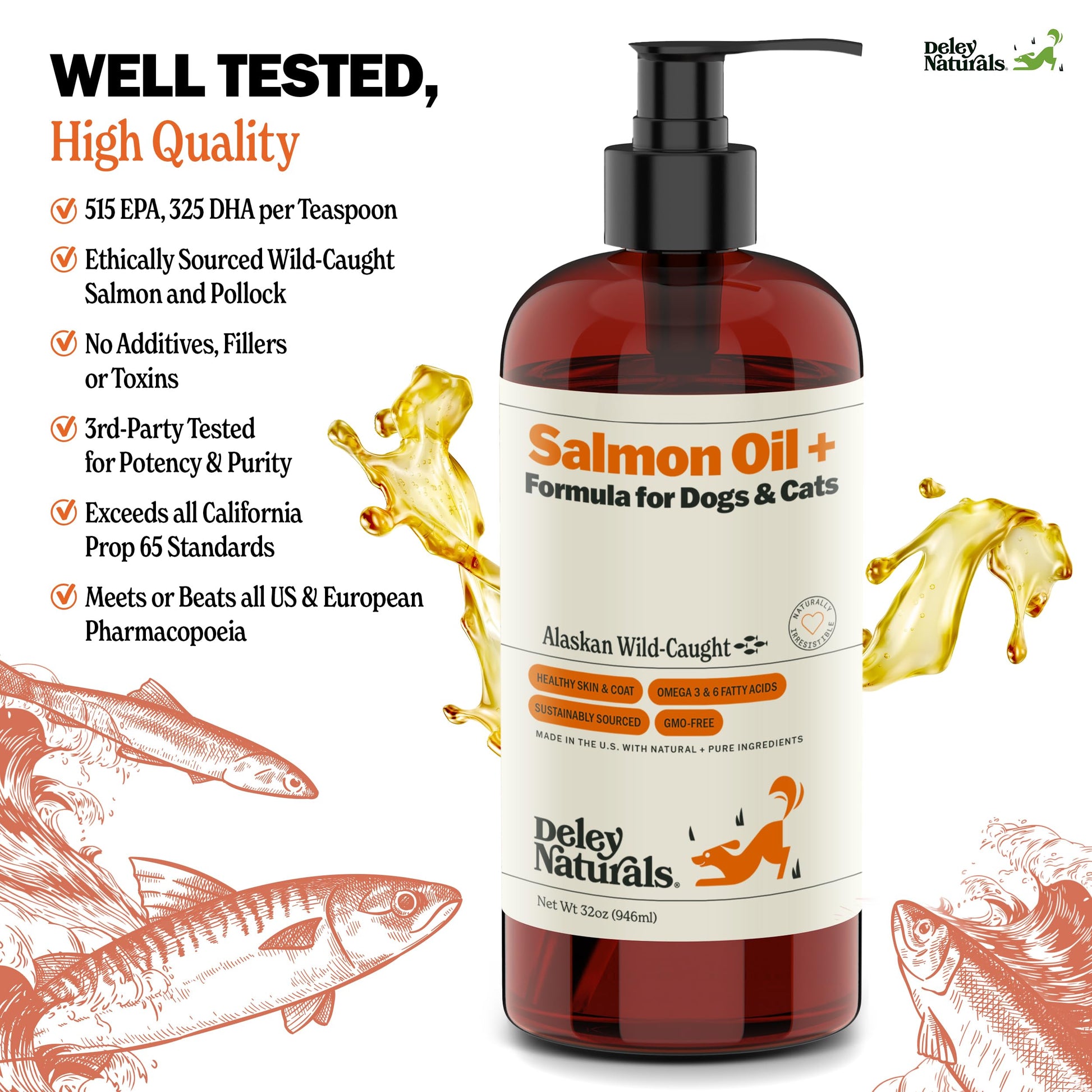 Deley Naturals Wild Alaskan Salmon Oil for Dogs & Cats - New and Improved Salmon Oil Plus Formula - Fish Oil for Dogs with Omega 3, DHA and EPA - Omega 3 for Healthy Skin and Coat - 32oz Made in USA Deley Naturals uk supplements