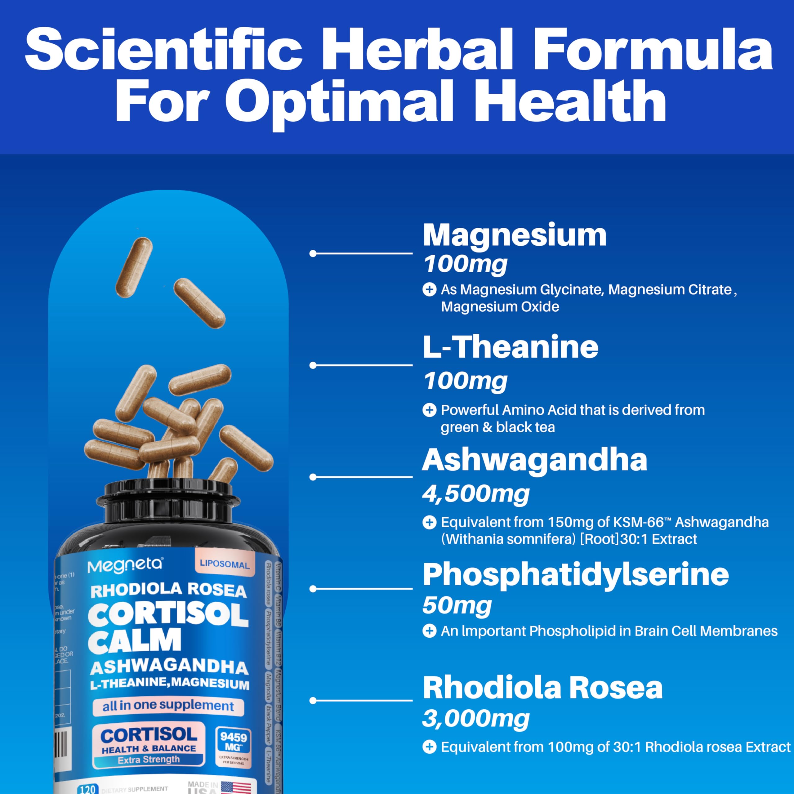 Cortisol Balance & Sleep Support for Women & Men – Natural Calm Formula with Magnesium, Ashwagandha & L-Theanine – Supports Restful Sleep, Relaxation, Focus & Healthy Cortisol Levels – 120 Capsules MEGNETA uk supplements