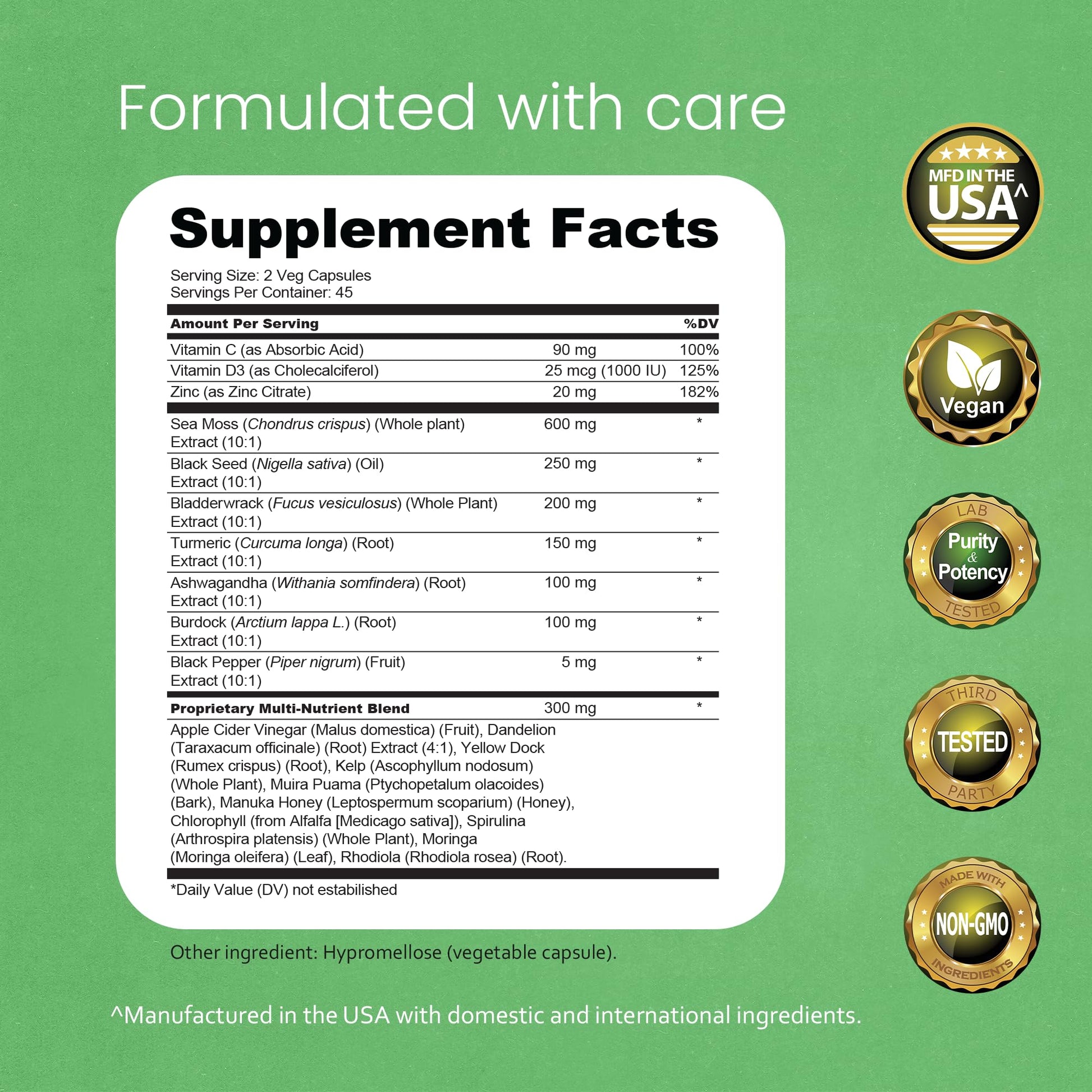 Sea Moss, Black Seed Oil, Bladderwrack, Turmeric, Ashwagandha, Burdock, Vitamin C, D3, Yellow Dock Root, Manuka, Dandelion - 90 Veggie caps NaturaLife Labs uk supplements