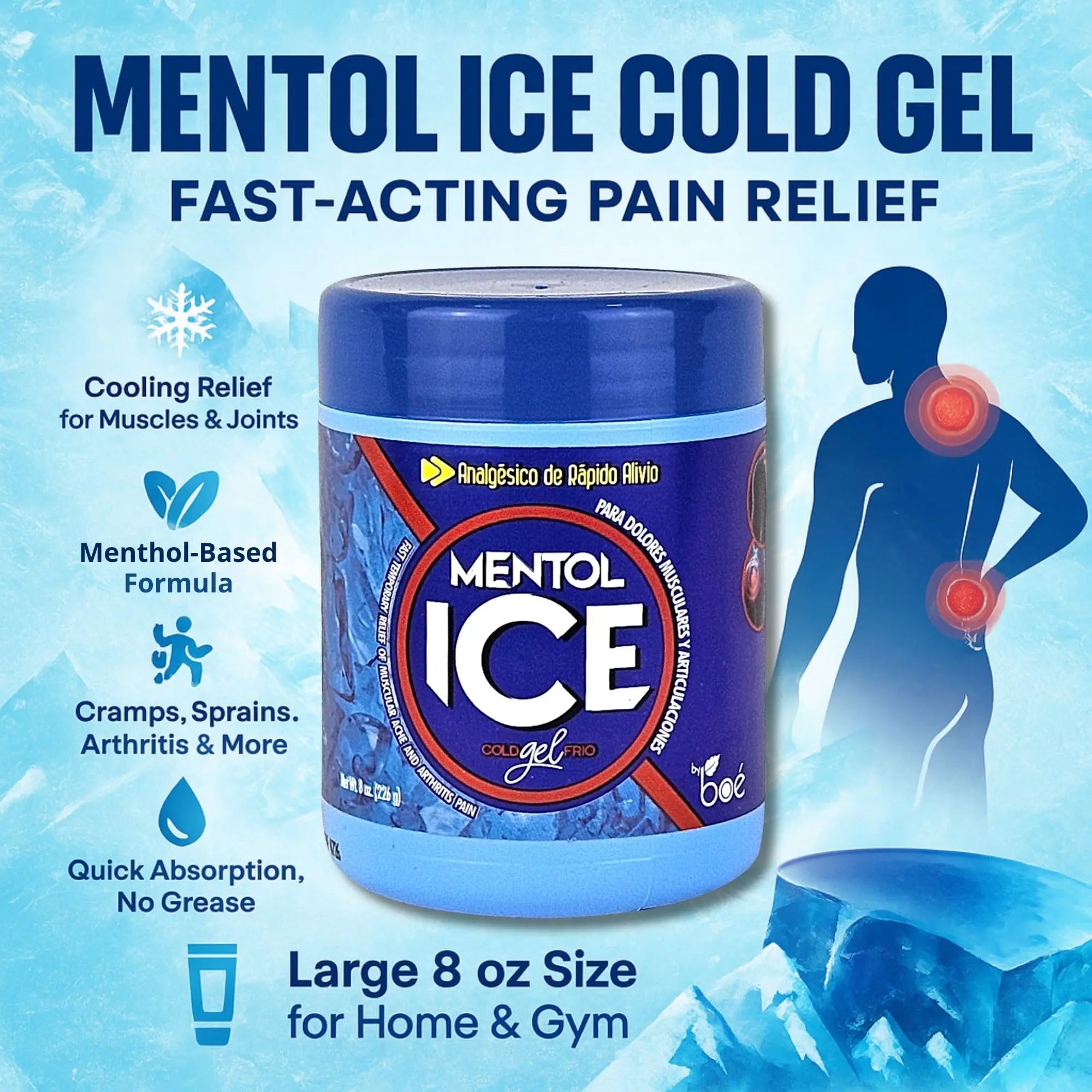 BOÉ COSMETICS Mentol Ice Cold Gel 8 oz (2 Pack) Pain Relief Gel for Muscles & Joints – Fast-Acting Analgesic for Arthritis, Back Pain, Cramps, Sprains & Headaches – Non-Greasy & Quick Absorption BOÉ COSMETICS uk supplements
