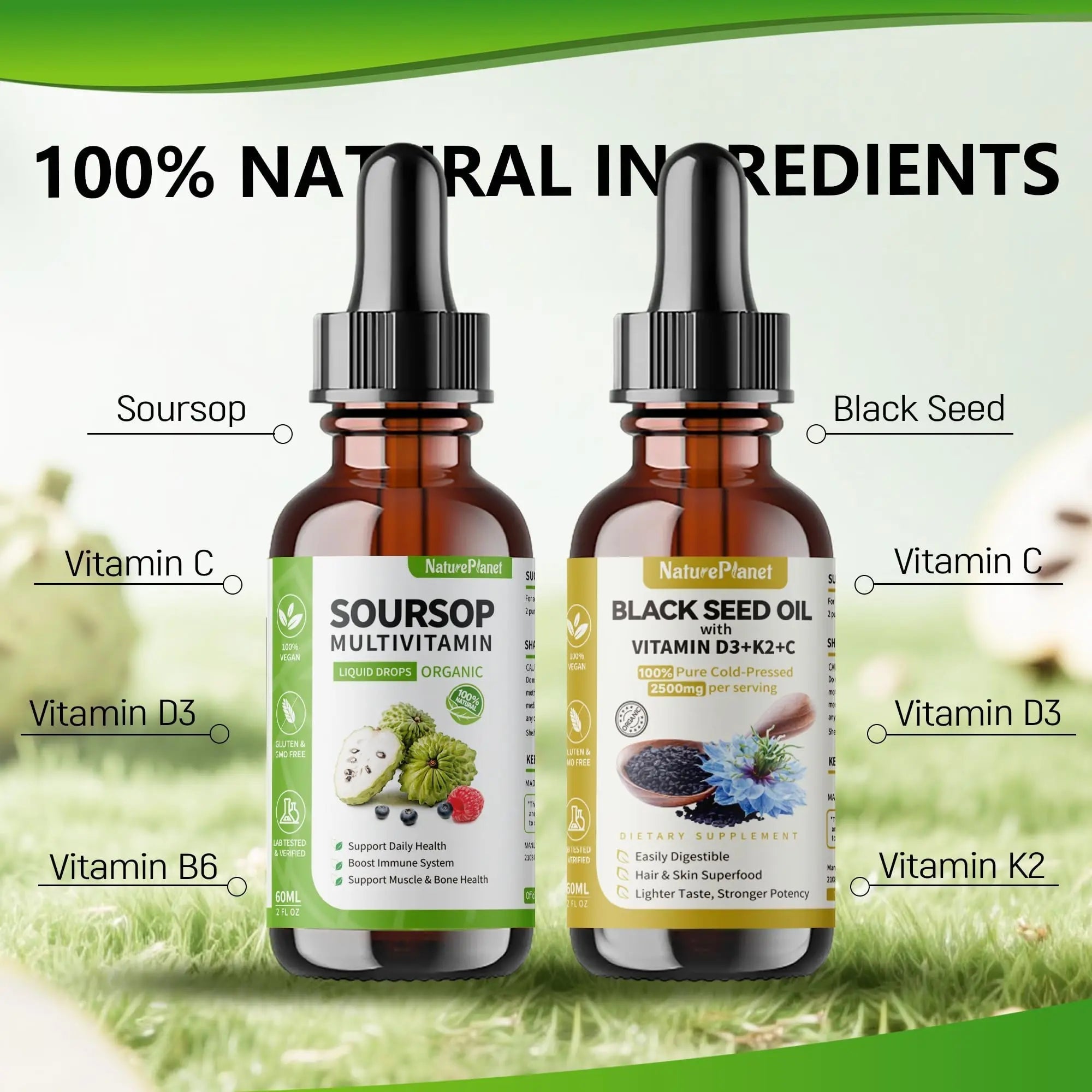 NaturePlanet Organic Soursop Bitters and Black Seed Oil Drops Bundles with Vitamins D3, K2, B6, C | NaturePlanet uk supplements