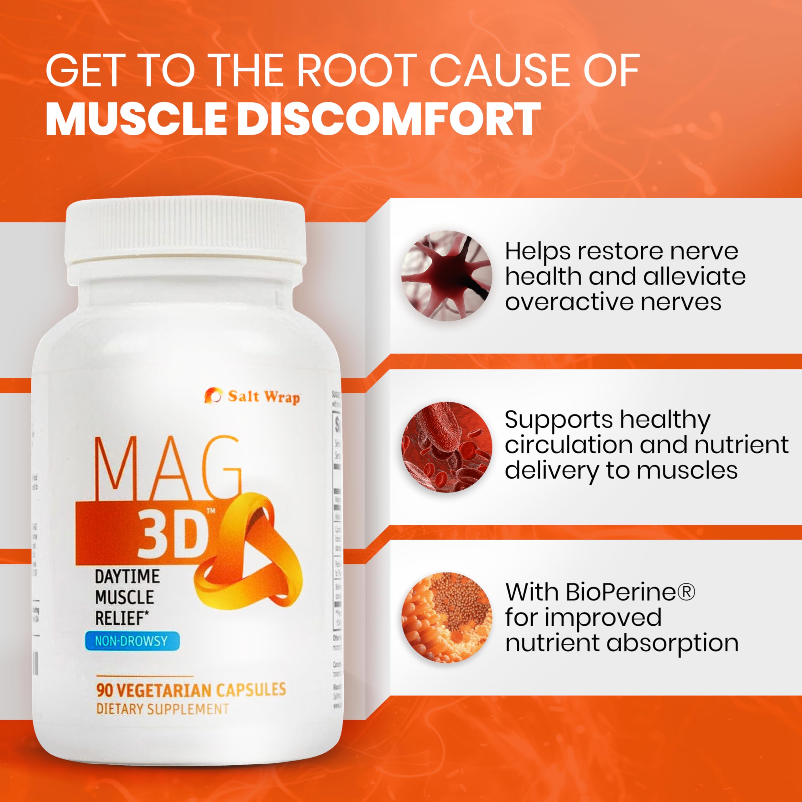 SaltWrap Mag 3D – Daytime (Non-Drowsy) Leg Cramp & Muscle Relief Support - Natural Supplement for Muscle and Nerve Health with Turmeric, Alpha Lipoic Acid & Magnesium SaltWrap uk supplements