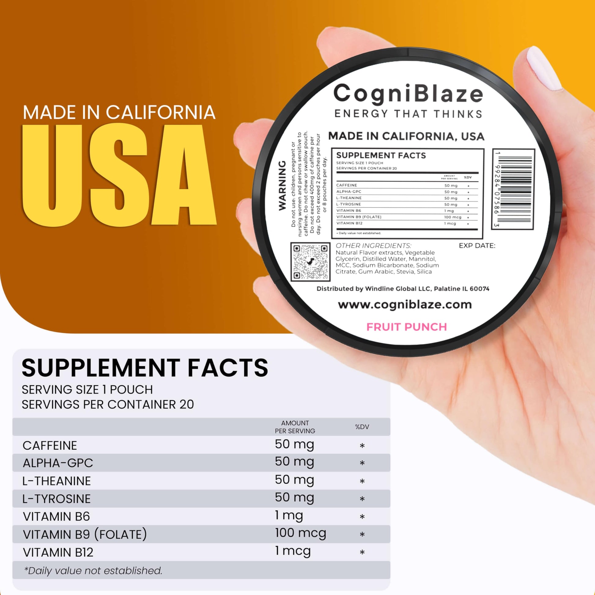 CogniBlaze Caffeine Pouches (Fruit Punch) | Nootropic Energy Pouches with 50mg Caffeine, Alpha GPC, L-Tyrosine & L-Theanine | Zero Sugar | No Artificial Sweeteners | 4 Pack (80 Total) CogniBlaze uk supplements