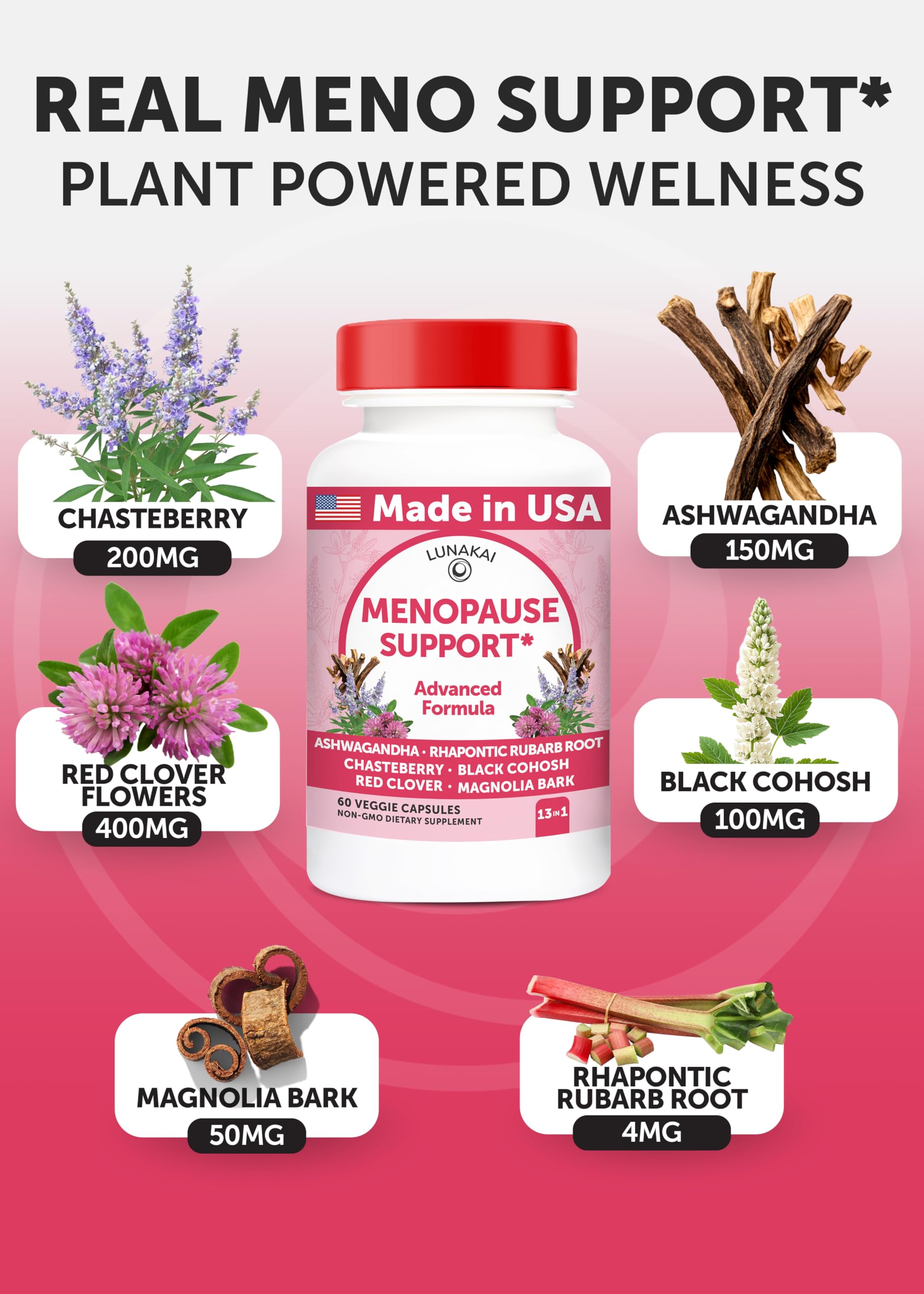 Lunakai USA Made Natural Menopause Supplements for Women – 13-in-1 Menopause Relief for Hot Flashes, Night Sweats, Sleep & Mood Support, 60ct Lunakai uk supplements