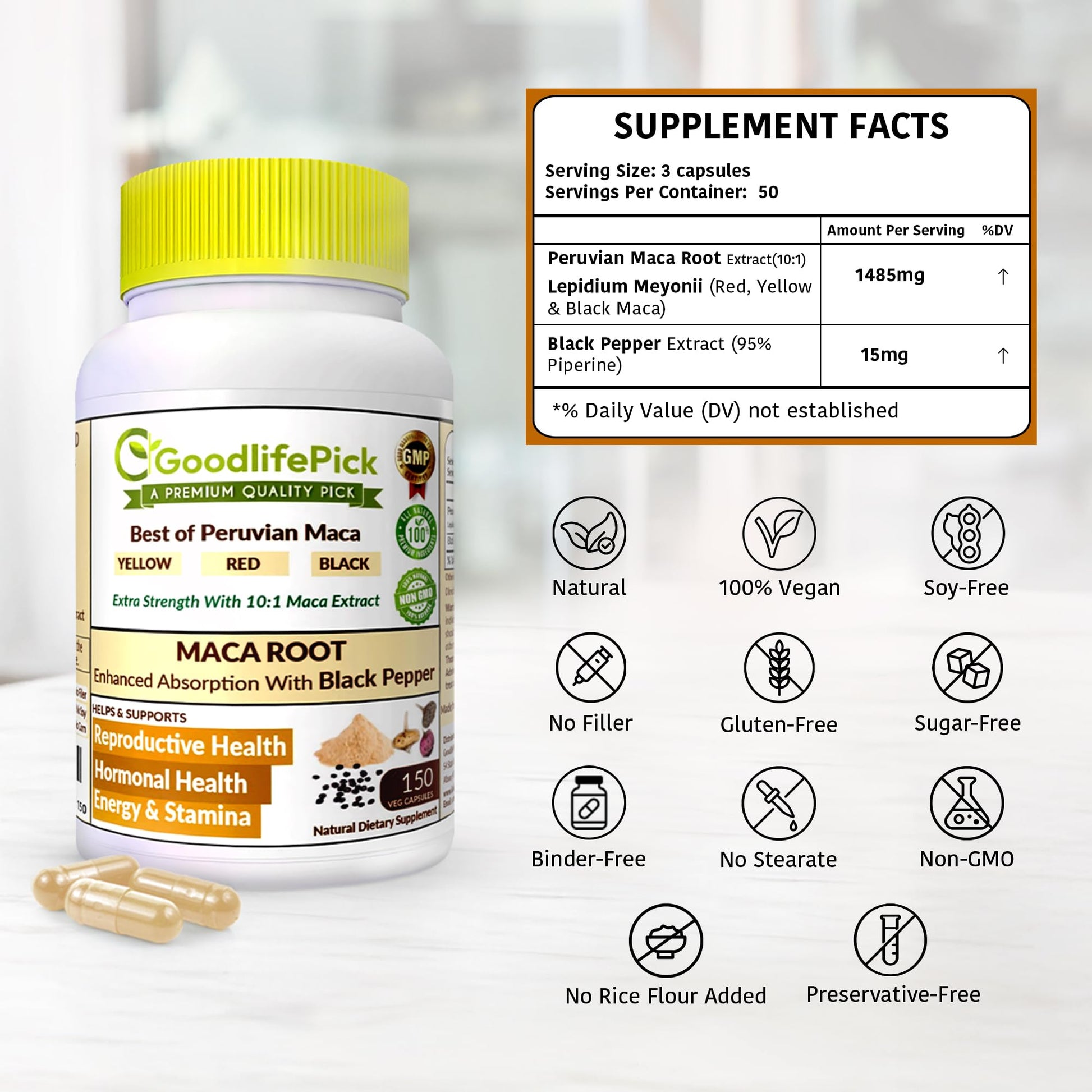 Peruvian Maca Root Capsules 150 ct. Powerful Maca Blend of Yellow Red & Black Maca Root with Black Pepper. All Natural NonGMO Vegan No Stearate No Rice Powder No Silica No Filler GoodlifePick uk supplements