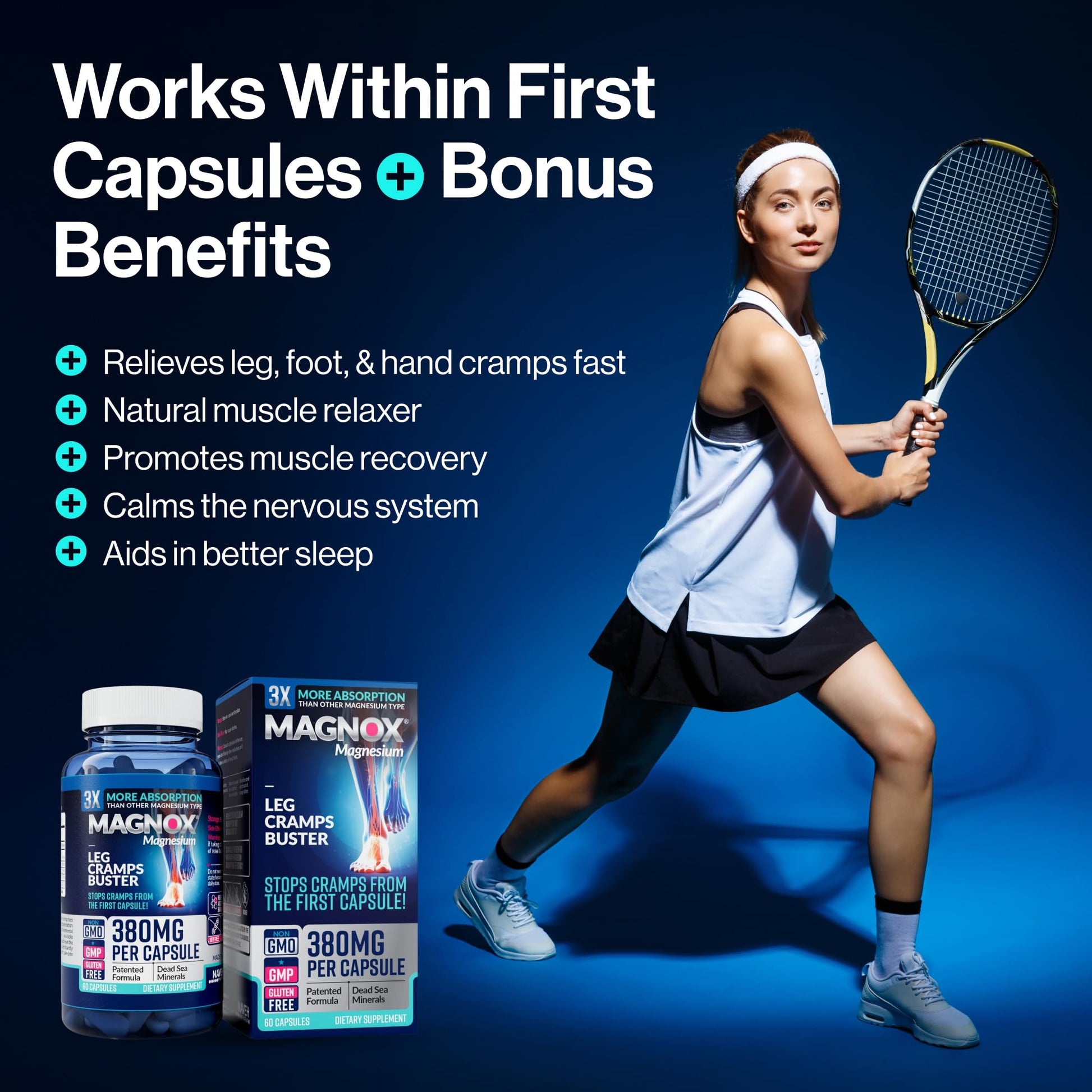 MAGNOX® Buster | Patented Clinically Tested 380mg Magnesium Supplement for Spasms & Leg Cramps at Night | One Capsule a Day for Almost Full Dosage | 3X More Absorption | Dead Sea Minerals (60 Caps) MAGNOX uk supplements