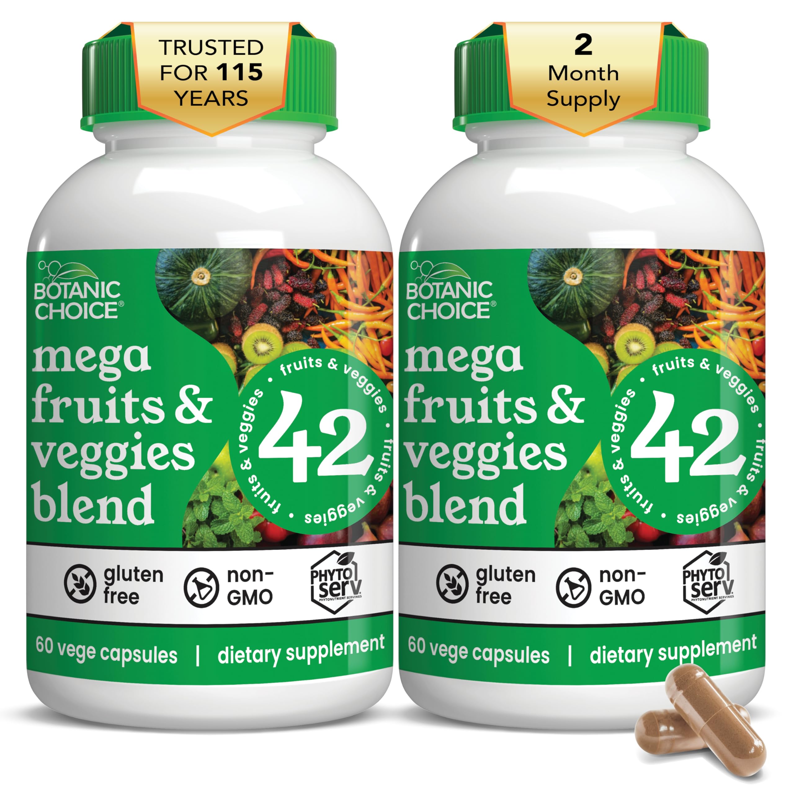 Botanic Choice Since 1910 - Mega Fruits & Veggies Blend - 42 Fruits and Vegetables - 2 Caps Daily - 60 Count Supplement - 2 Pack Botanic Choice uk supplements