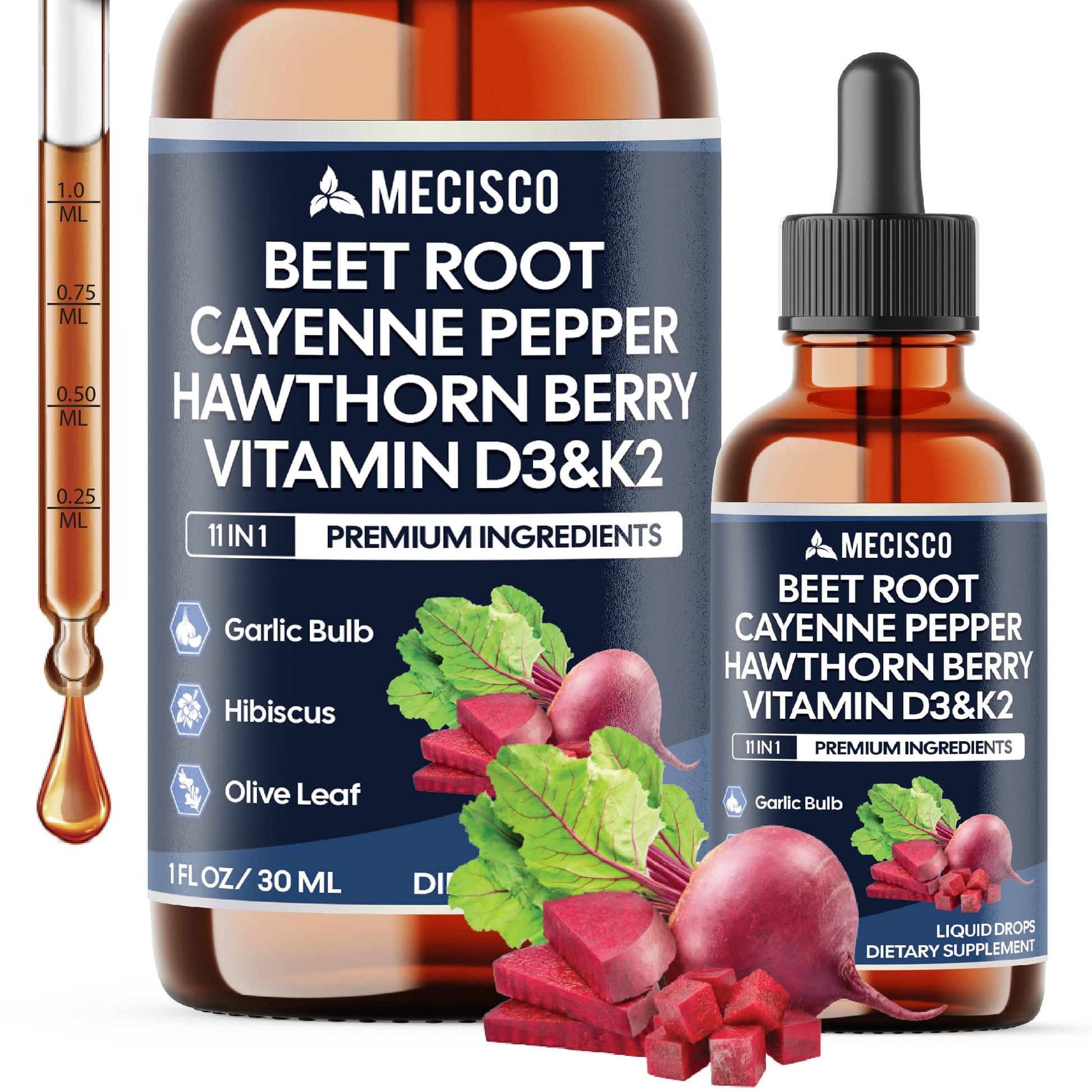 11in1 Beet Root Liquid Drops - Support Overall Wellness - with Vitamin D3, Vitamin K2, Hawthorn Berry, Cayenne Pepper, Garlic, Hibiscus, Olive, Red Spinach, Green Tea - 1 FL Oz - 60 Day Supply Mecisco uk supplements