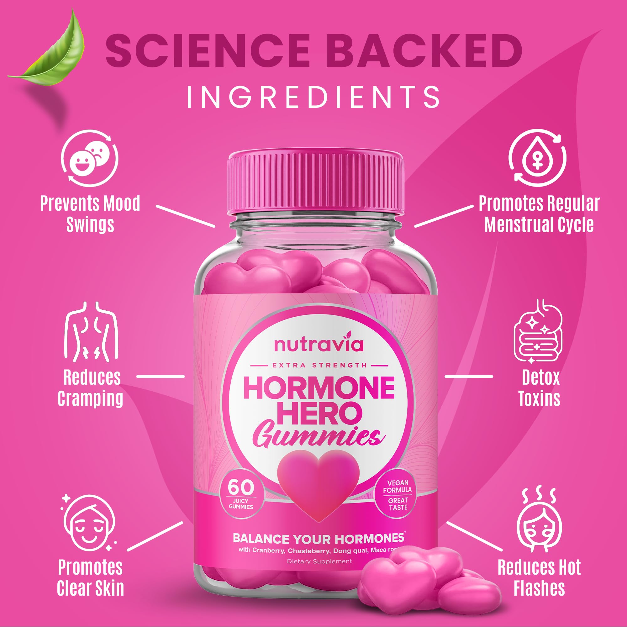 Hormone Balance For Women Gummies + PMS Relief Supplement - Supports Mood Swings, Clear Skin, Reduced Cramps and Bloating - Hormonal PMS Gummies PCOS Vitamin with Cranberry, Dong Quai (60 Gummies) Nutravia uk supplements