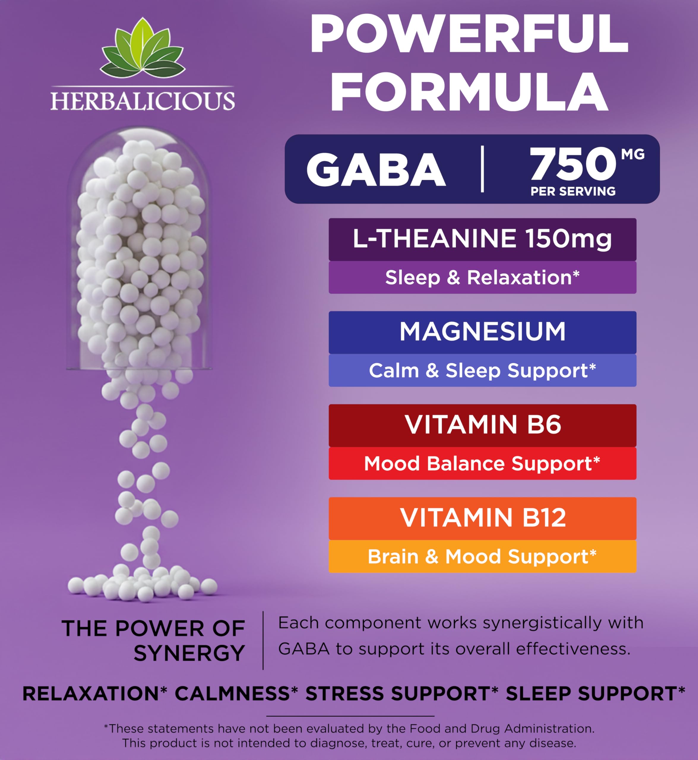 HERBALICIOUS GABA L-Theanine with Magnesium – Calm & Focus Support, Stress Relief, Relaxation + Mood Balance, Brain & Memory Support Supplement – Vitamin B6 + B12 Complex – 120 Capsules HERBALICIOUS uk supplements