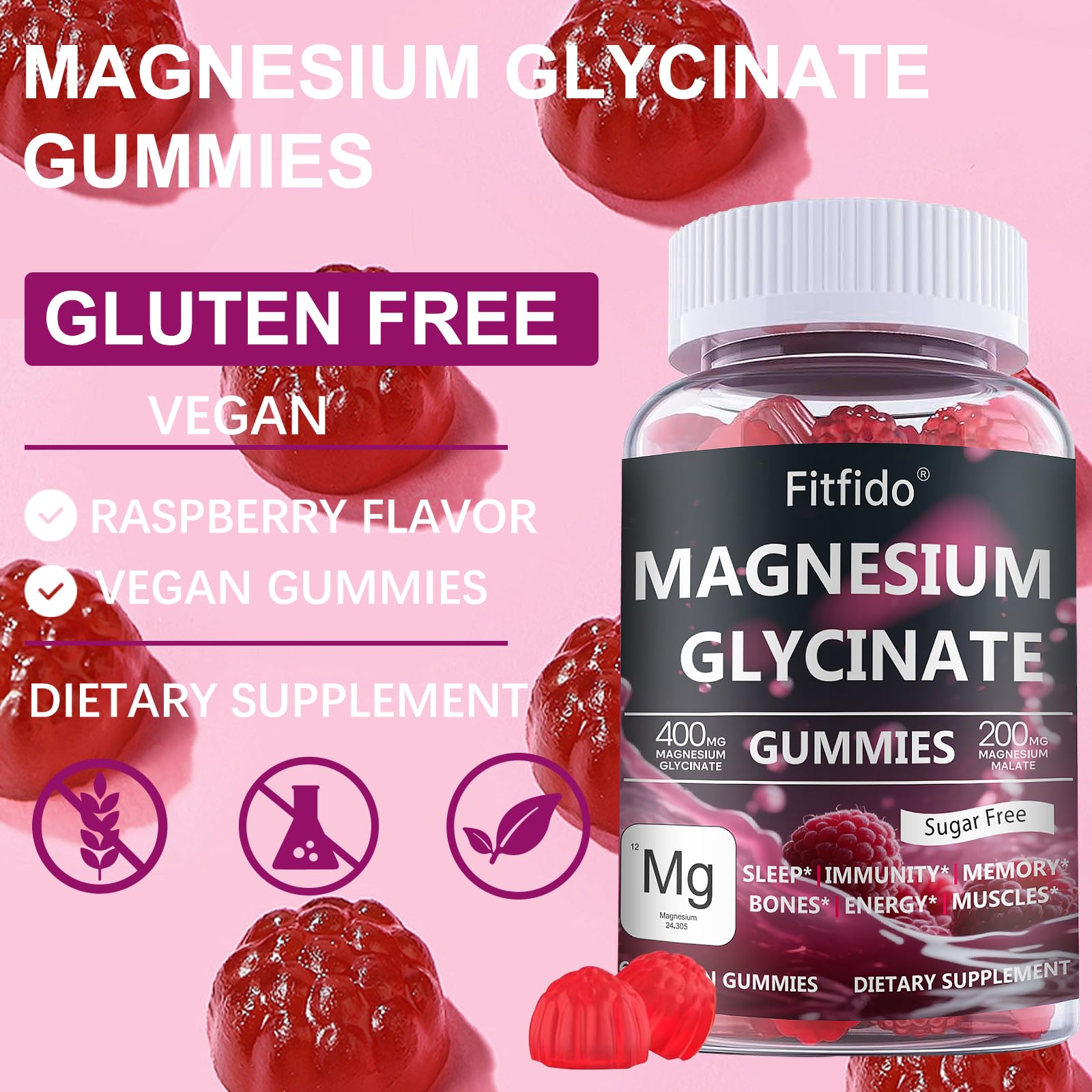 Magnesium Glycinate Gummies 400mg, Chewable Sugar Free Magnesium Supplement with Magnesium Glycinate, Magnesium Malate and Protein for Sleep, Relaxation, Brain & Muscle - Vegan (60 Count, Raspberry) Fitfido uk supplements