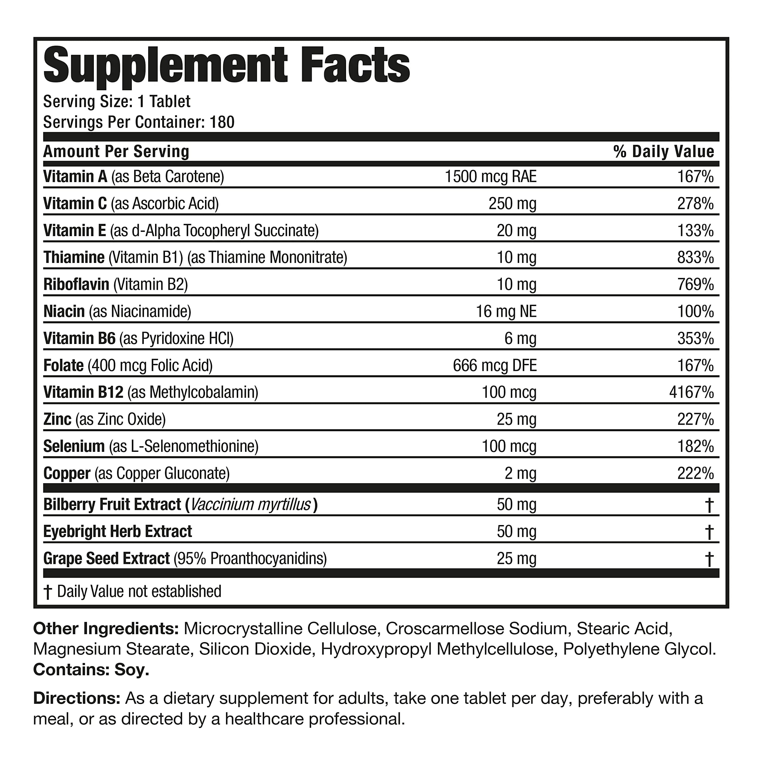 Bronson ONE Daily Vision Complete Eye Health Support Multivitamin Multimineral Supplement Formula, 180 Tablets Bronson uk supplements