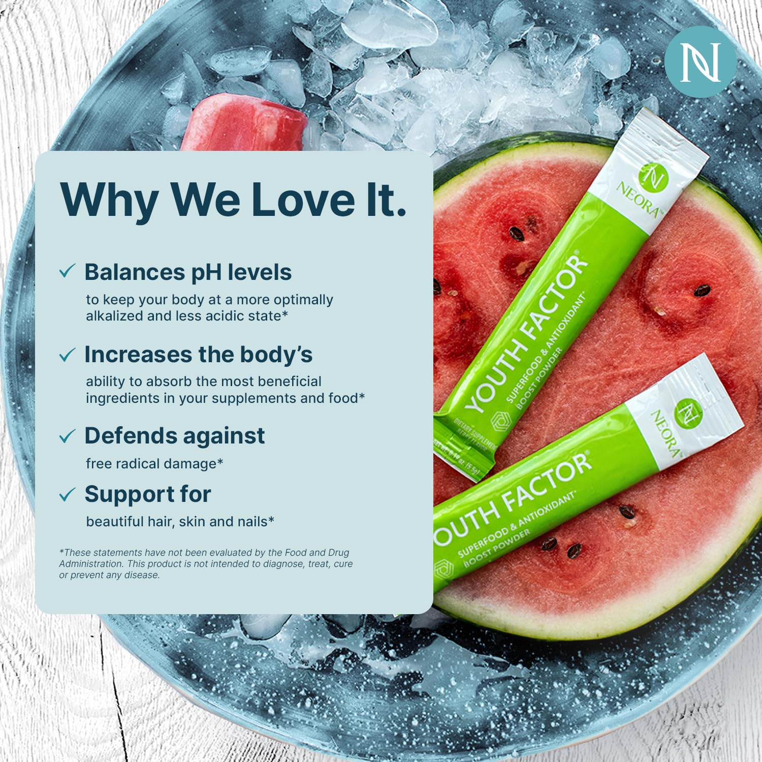 NEORA Youth Factor - Superfood Boost Powder - pH Balance, Hair Skin Nails Support, Fruits & Veggies Equivalent, Nutrient Absorption - 30 Packets NEORA uk supplements