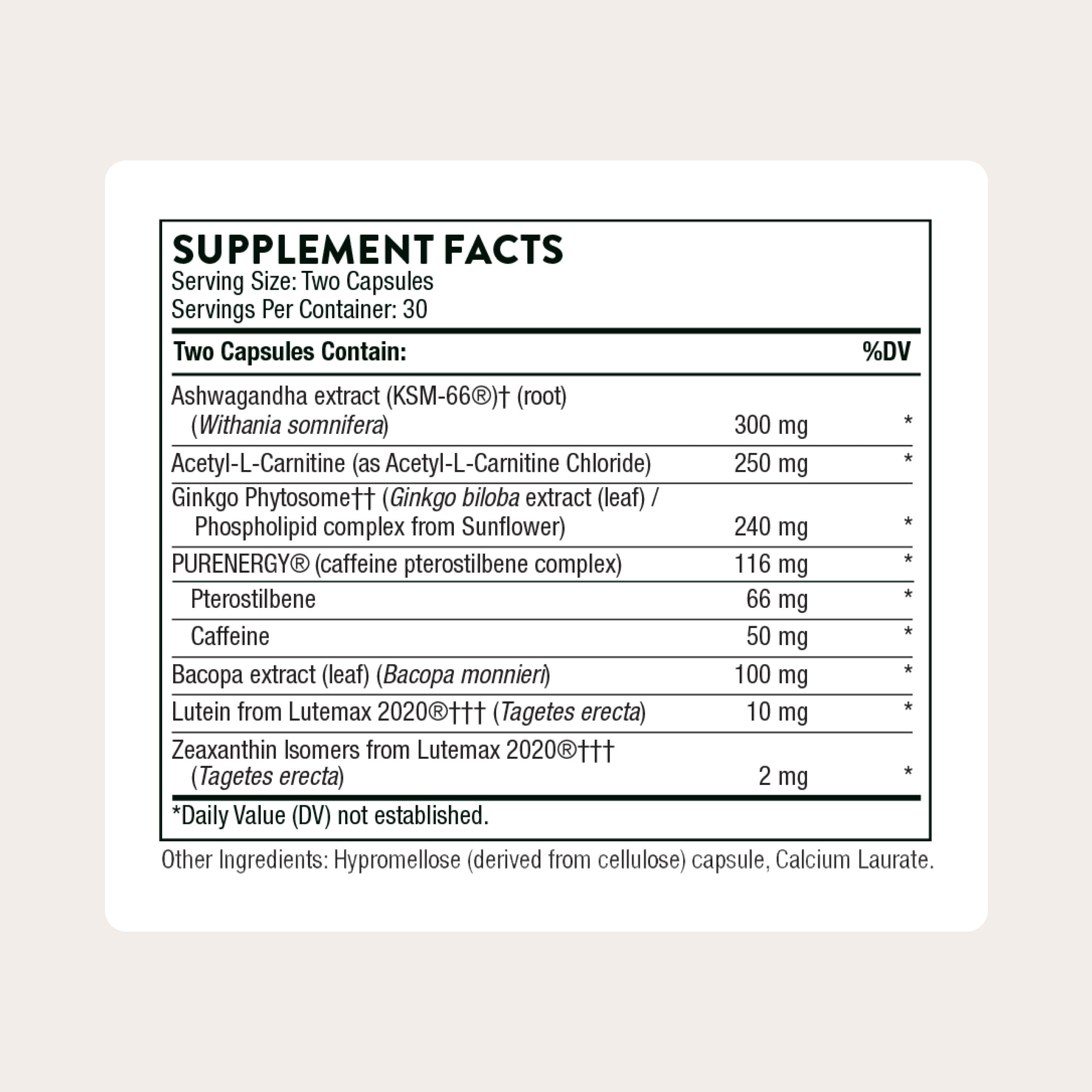 THORNE - Memoractiv - Nootropic Brain Supplement for Focus, Creativity, and Concentration - Ashwagandha, Ginkgo, Lutemax, Bacopa, Pterostilbene - Gluten-Free, Dairy-Free* - 60 Capsules - 30 Servings THORNE uk supplements