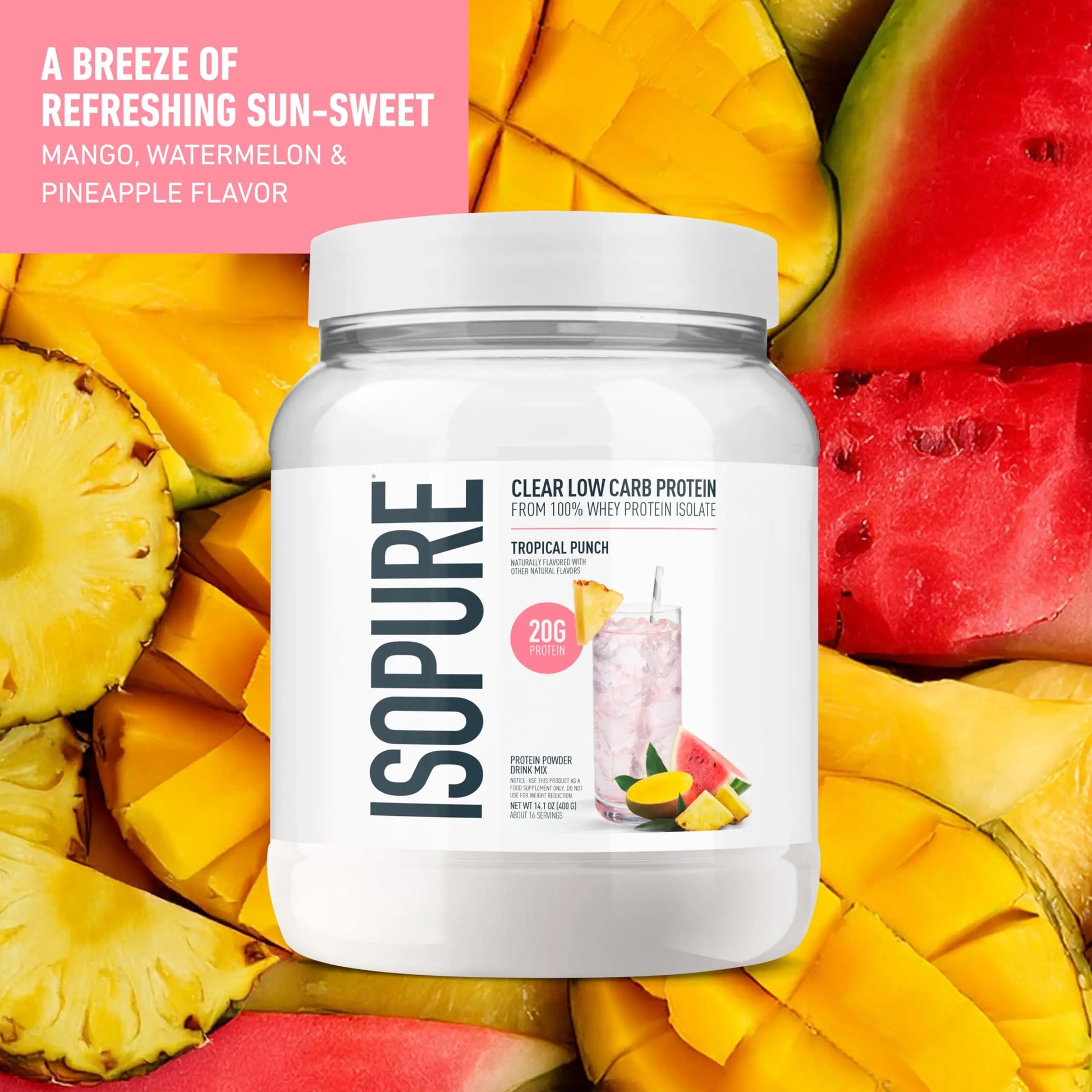 Isopure Clear Whey Isolate Protein Powder, Lactose Free, Gluten Free, Naturally Flavored, Tropical Punch, 20g Protein Per Serving, 14.1 Oz, 16 Servings (Packaging May Vary) Isopure uk supplements