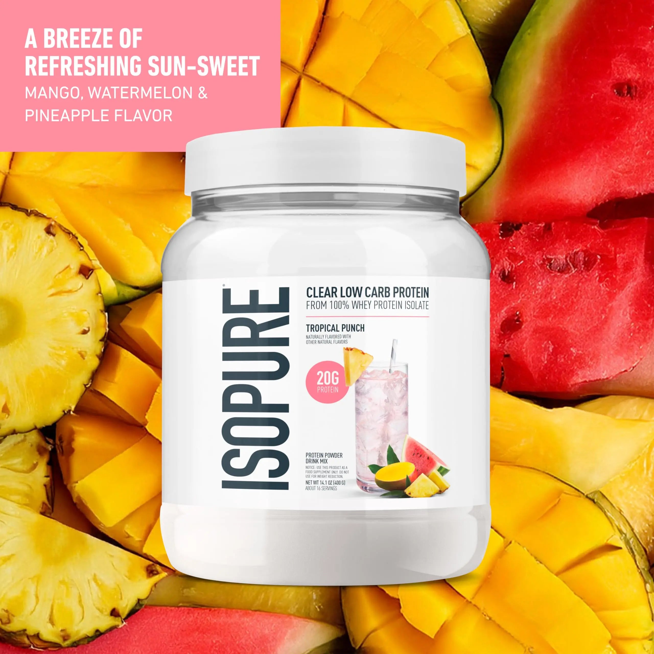 Isopure Clear Whey Isolate Protein Powder, Lactose Free, Gluten Free, Naturally Flavored, Tropical Punch, 20g Protein Per Serving, 14.1 Oz, 16 Servings (Packaging May Vary) Isopure uk supplements