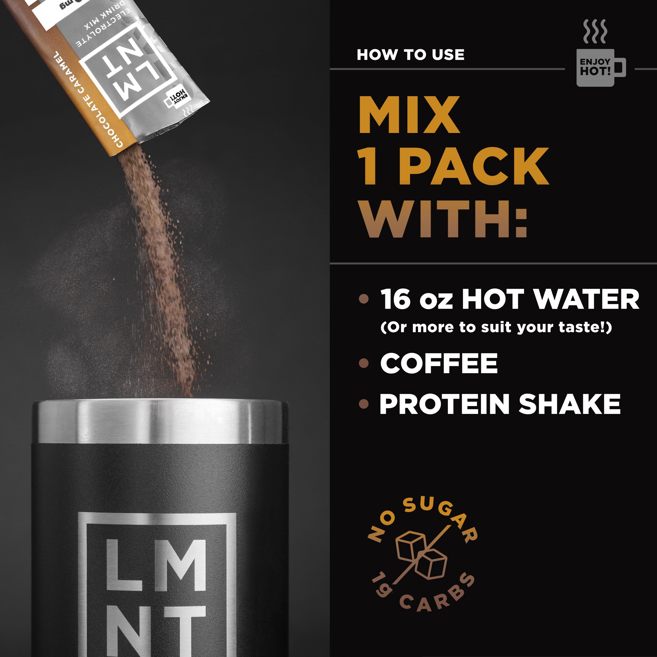 LMNT Hot Chocolate and Coffee Mixer - Chocolate Caramel Salt Electrolytes | No Sugar Drink LMNT uk supplements