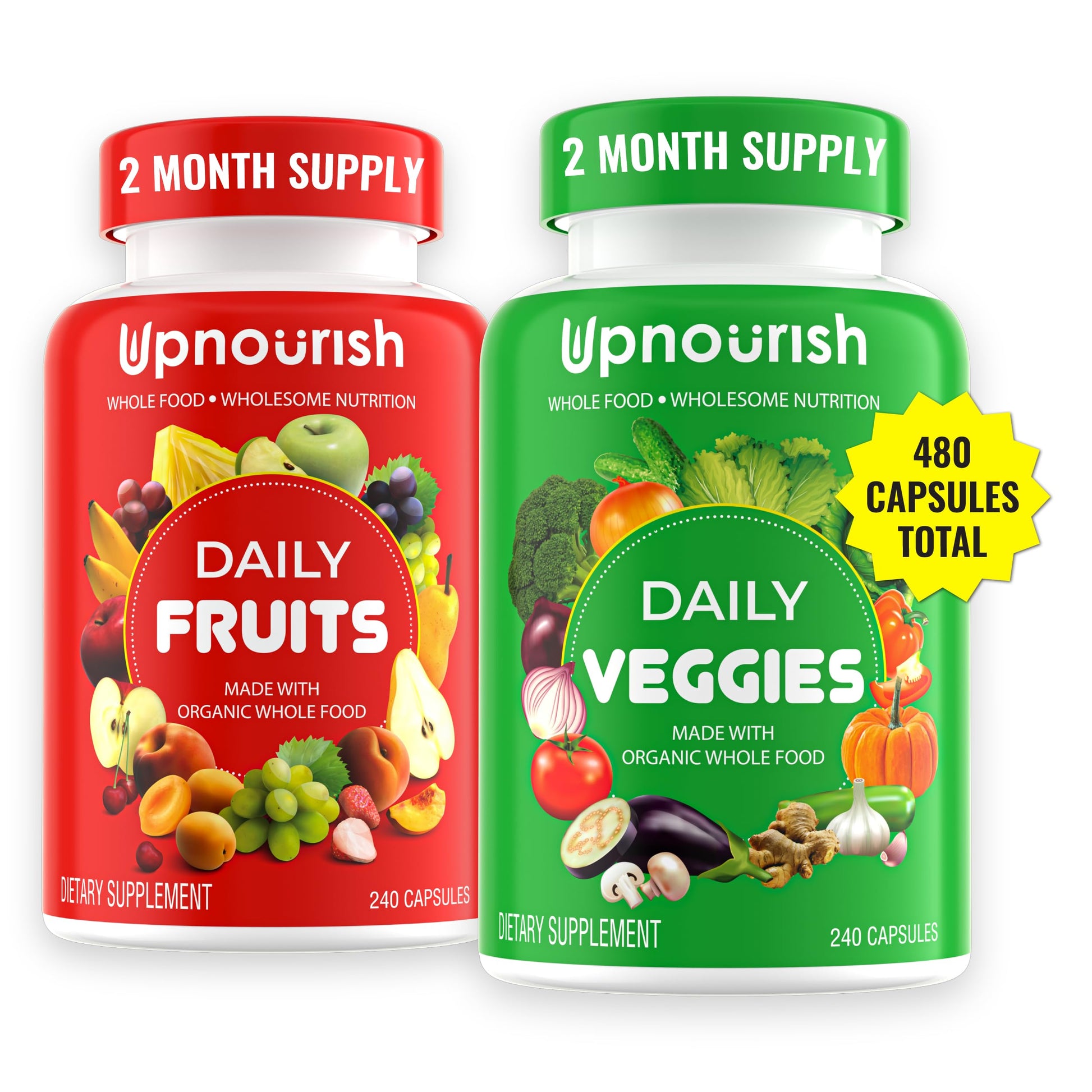 UpNourish Organic Fruits and Veggies Supplement - Support Diet Balance, Body Cleanse & Energy - 480 Fruits and Super Greens Capsules from Nature - Fruit and Vegetable Supplements for Adults & Kids UpNourish uk supplements