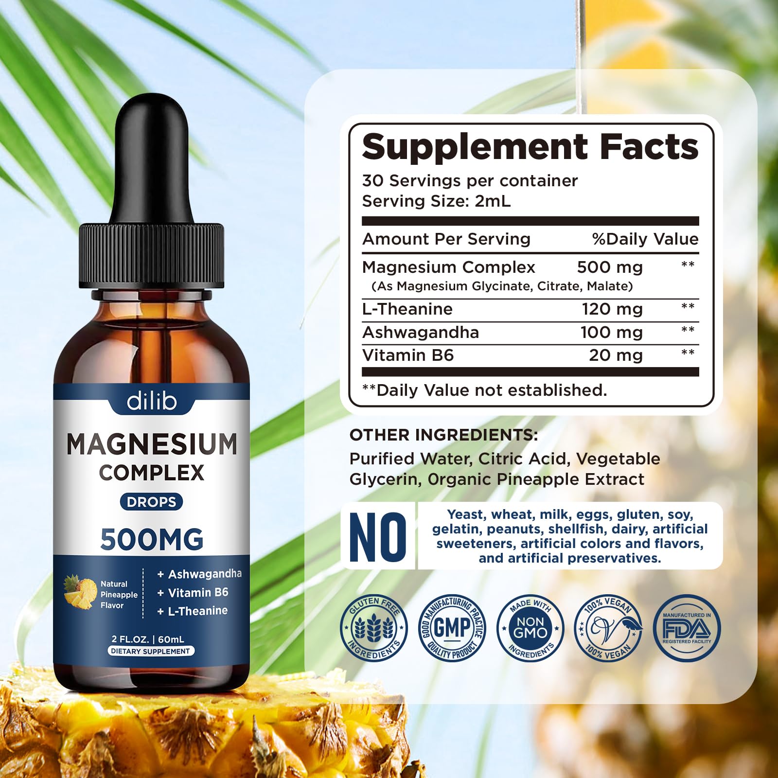 Triple Magnesium Complex Supplement-Magnesium Glycinate, Citrate, Malate Liquid Drops 500mg with Ashwagandha, L-Theanine, Vitamin B6 for Calm, Stress Relief, Sleep, Muscle Support-Pineapple Flavor dilib uk supplements