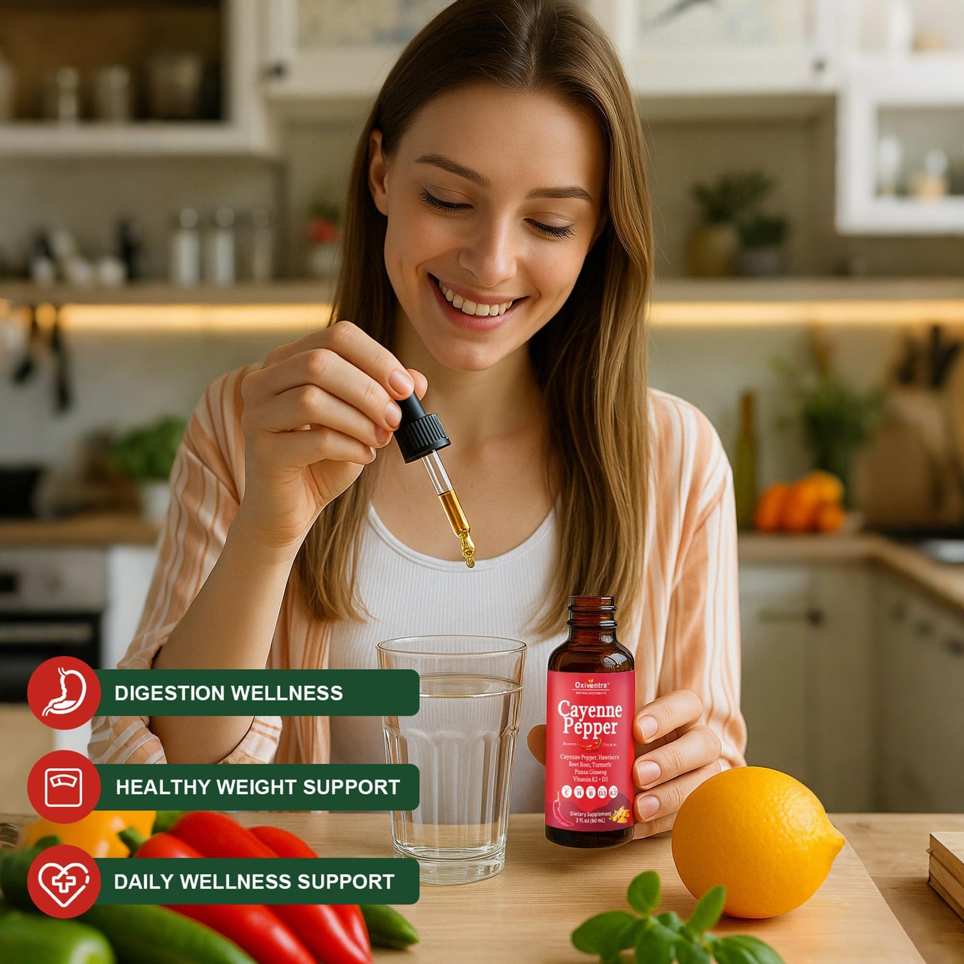 Cayenne Pepper Drops Liquid Supplement Smooth & Sweet Herbal Liquid + Hawthorn Berry, Vitamin D3 K2 Beet Root Powder, Ceylon Cinnamon, Turmeric Curcumin, Organic Panax Ginseng - 2fl oz Oxiventra uk supplements