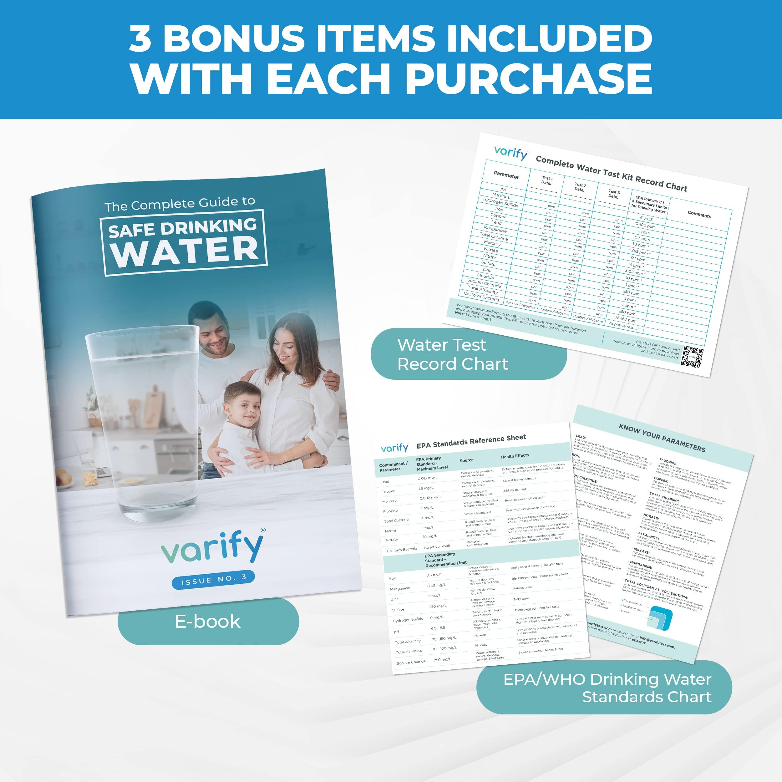 Varify 17in1 Complete Drinking Water Test Kit - 100 Strips + 2 Bacteria Tester Kits - Well, Tap, Home, City Water Testing Strip for Lead, Alkaline, Chlorine, Hardness, Iron, Fluoride, Copper & More VARIFY uk supplements