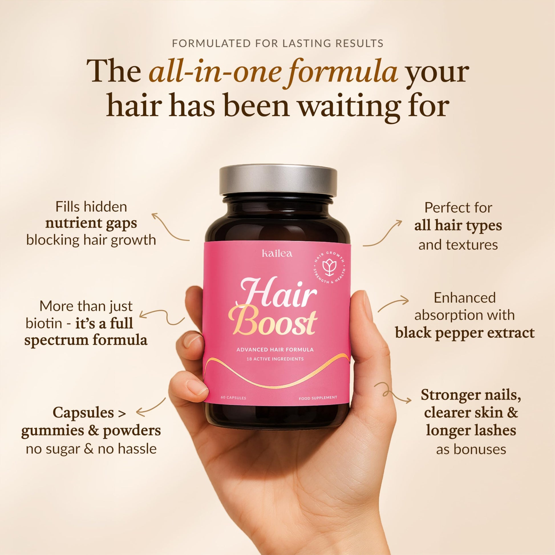 18-in-1 Hair Growth Supplement | Collagen, Hyaluronic Acid, Nettle, Silica, Biotin, Grape Seed Extract, Bamboo | Stronger, Thicker, Longer Hair – Supports Hair Volume, Shine, Scalp & Nail Health kailea uk supplements