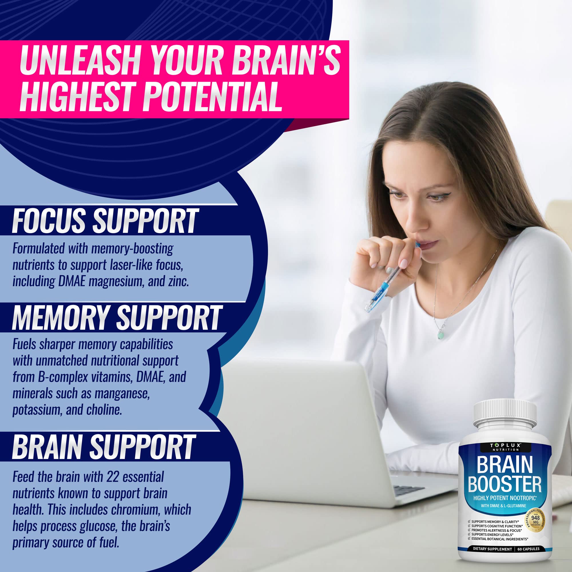 Toplux Brain Supplement Nootropic – Brain Pills Vitamin with DMAE, Bacopa Monnieri, L-Gutamine, for Men Women, 60 Capsules, Nutrition Toplux uk supplements
