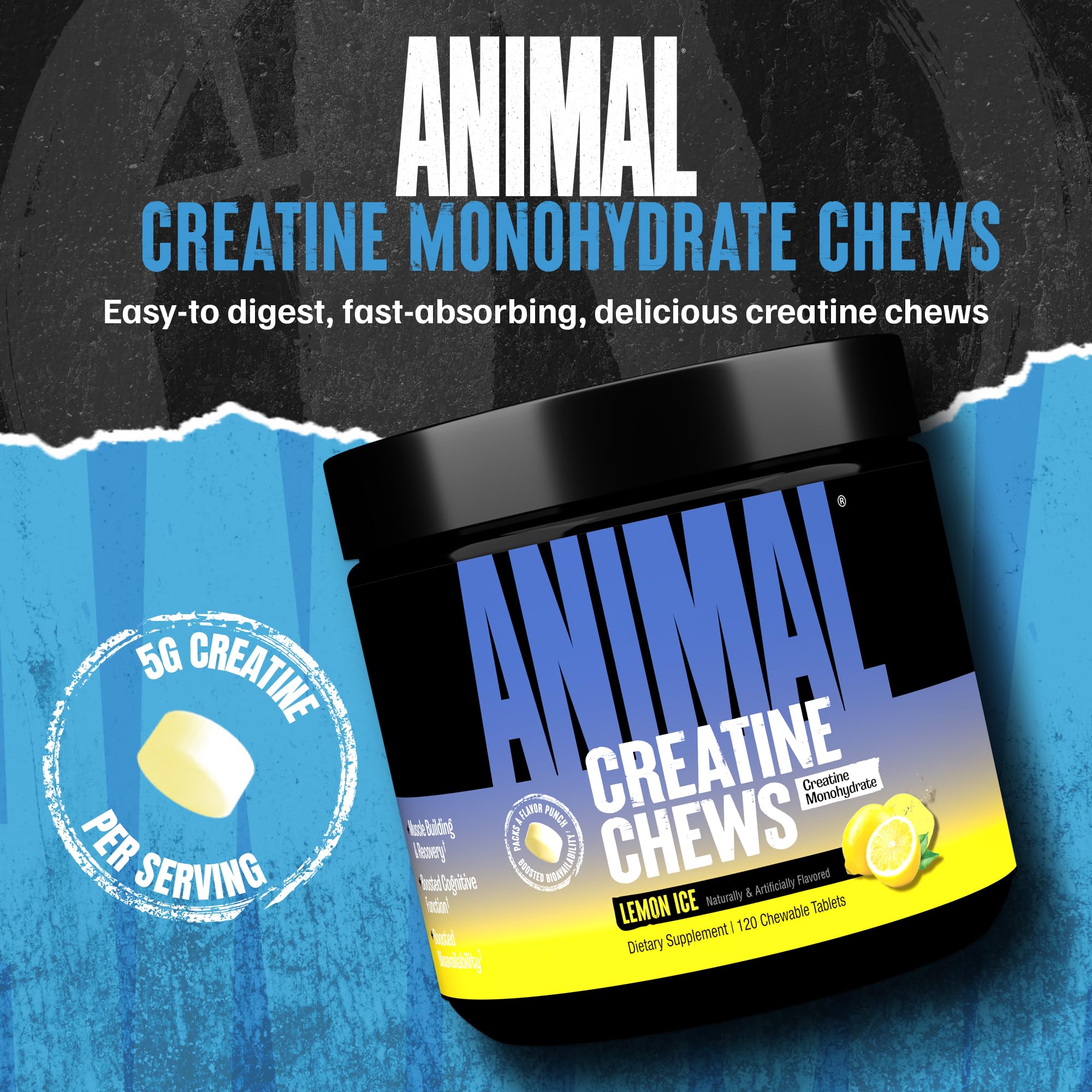 Animal Creatine Chews Tablets - Enhanced Creatine Monohydrate with AstraGin to Improve Absorption, Sea Salt for Added Pumps, Delicious and Convenient Chewable Tablets - Lemon Ice Animal uk supplements