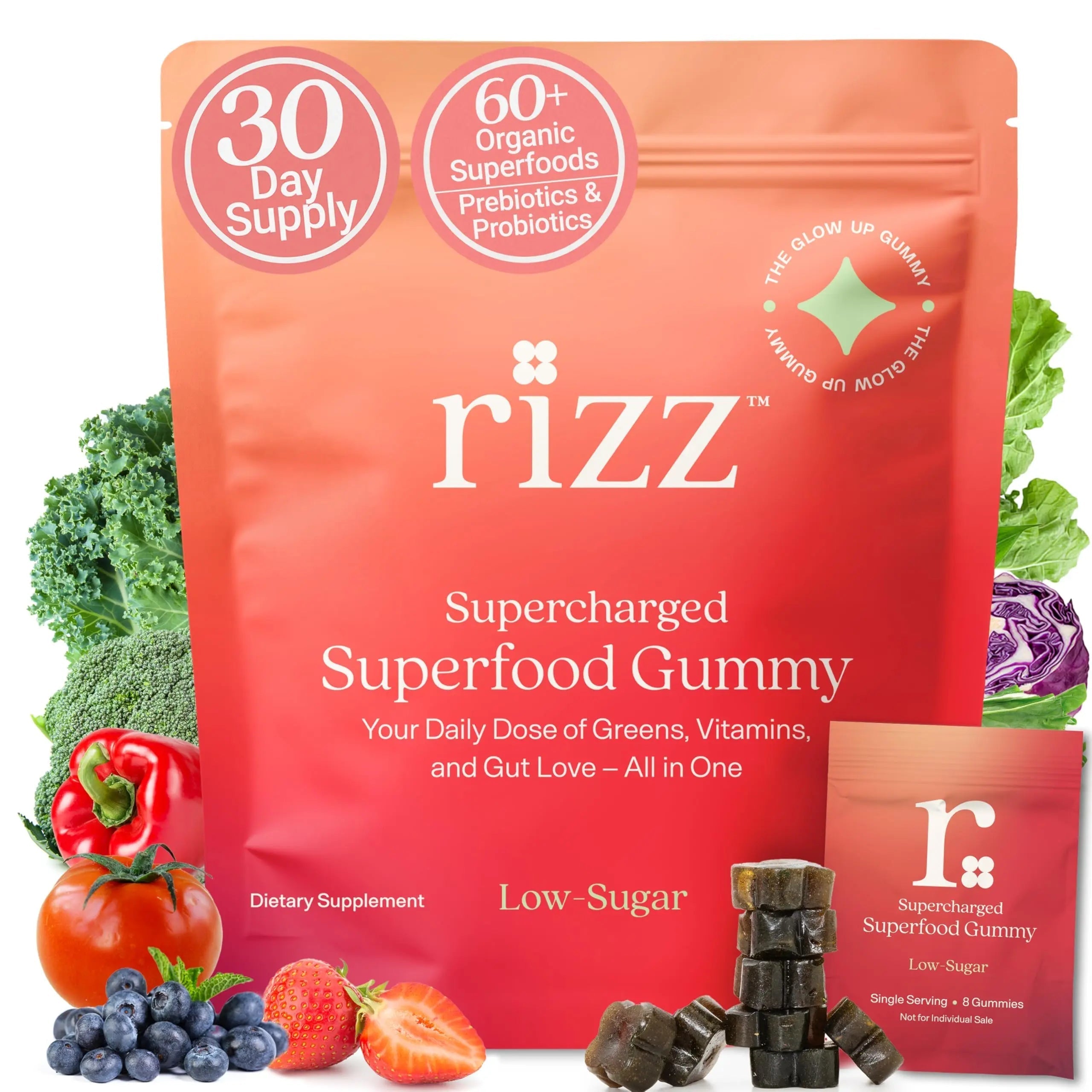 Rizz Low Sugar Green Gummies - 60+ Superfoods 6g Fiber - Prebiotic and Probiotic Gummies - Vegan Multivitamins for Women & Men Rizz uk supplements